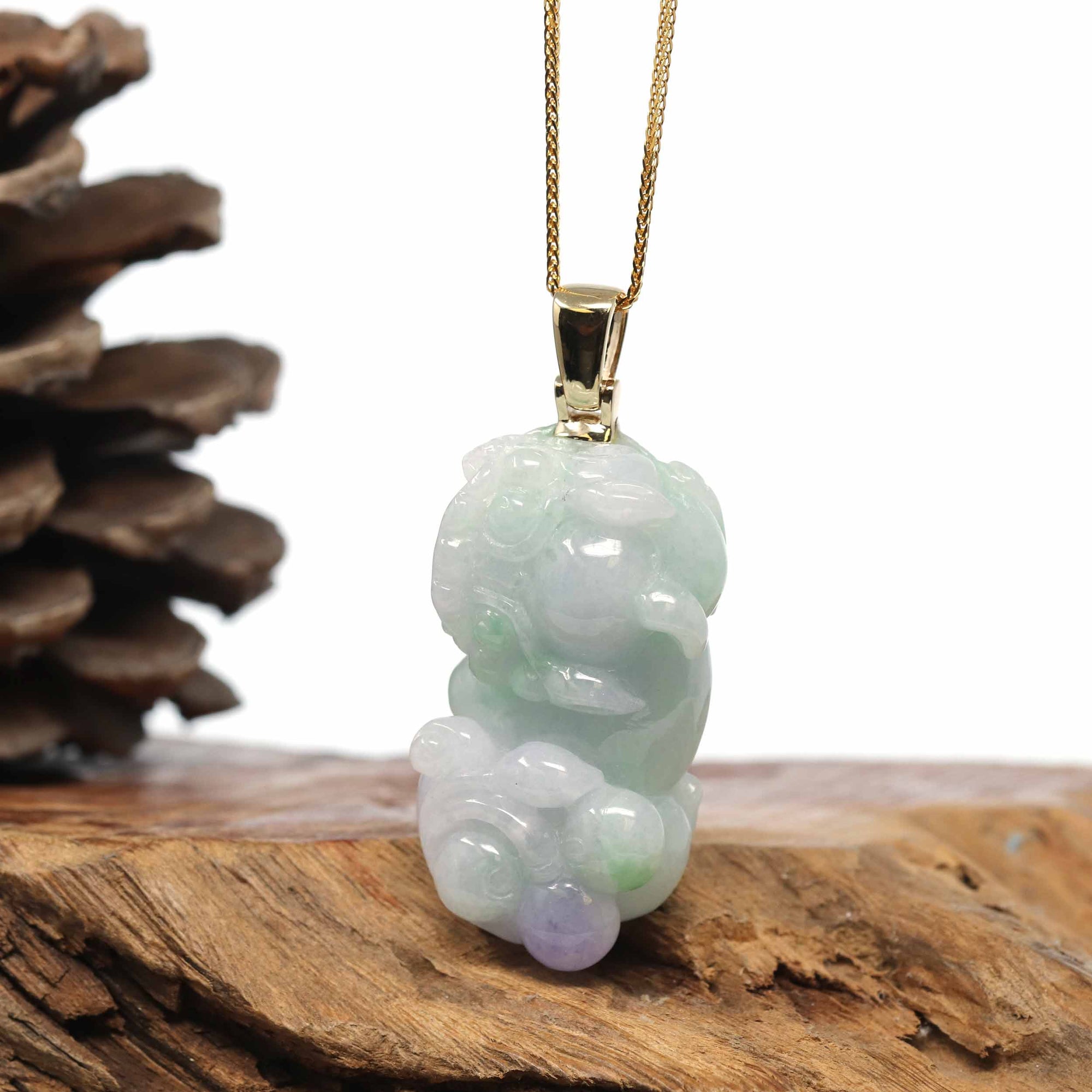 Baikalla Jewelry genuine jadeite carving Genuine Burmese Lavender-Green Jadeite Jade PiXiu Pendant Necklace With 14K Gold Bail