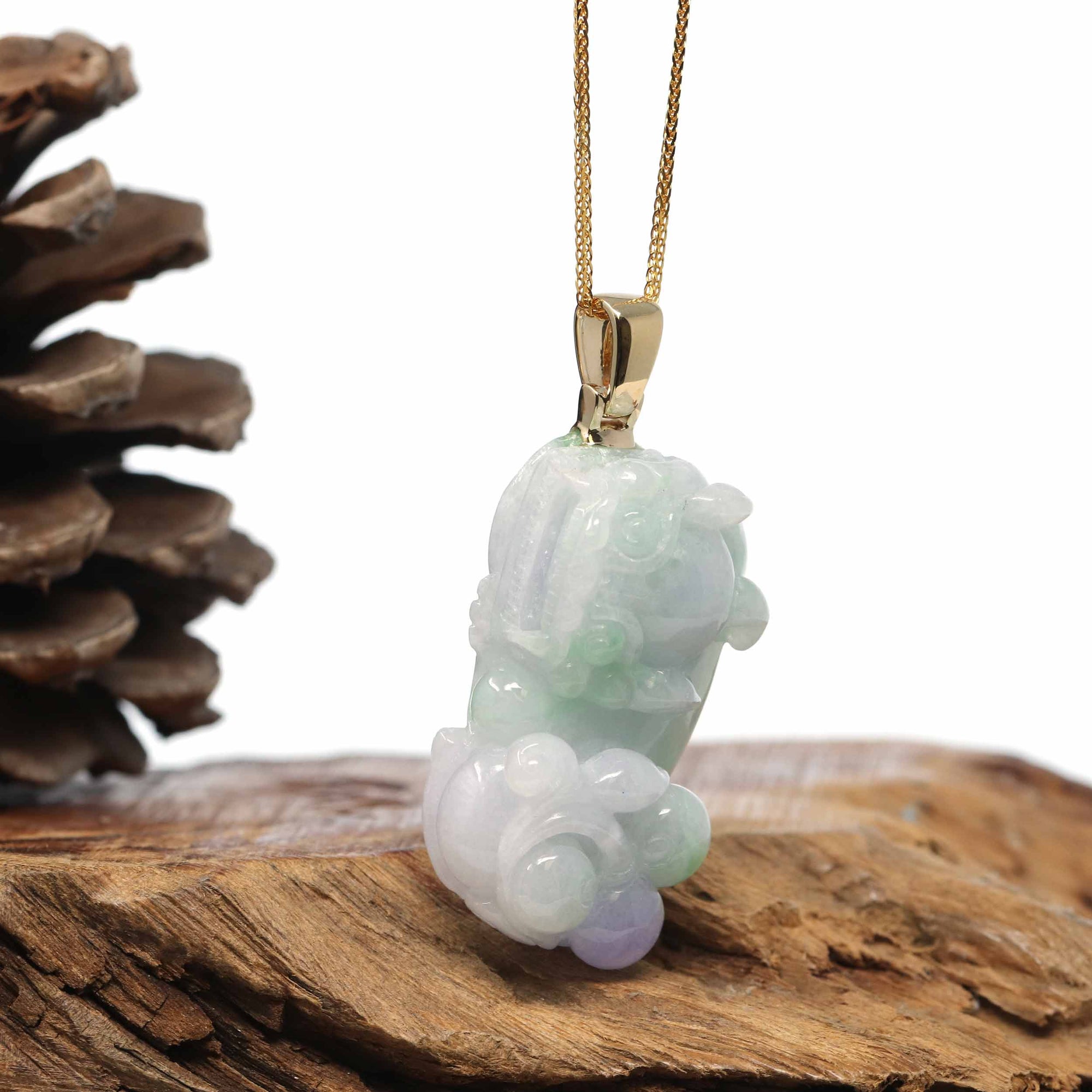 Baikalla Jewelry genuine jadeite carving Genuine Burmese Lavender-Green Jadeite Jade PiXiu Pendant Necklace With 14K Gold Bail