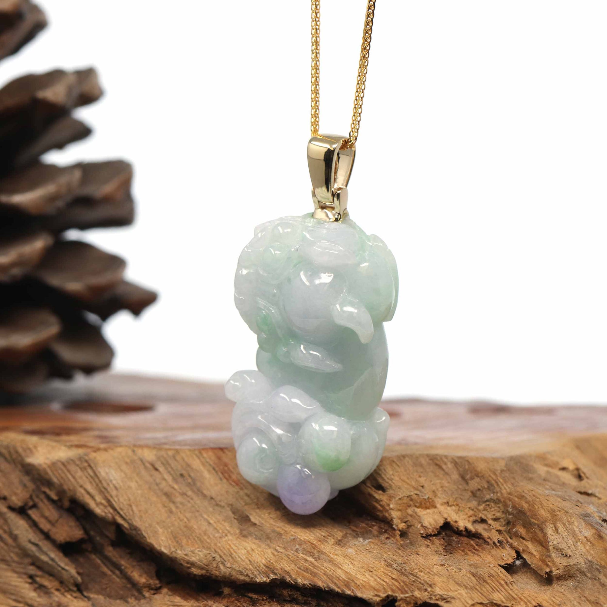 Baikalla Jewelry genuine jadeite carving Genuine Burmese Lavender-Green Jadeite Jade PiXiu Pendant Necklace With 14K Gold Bail