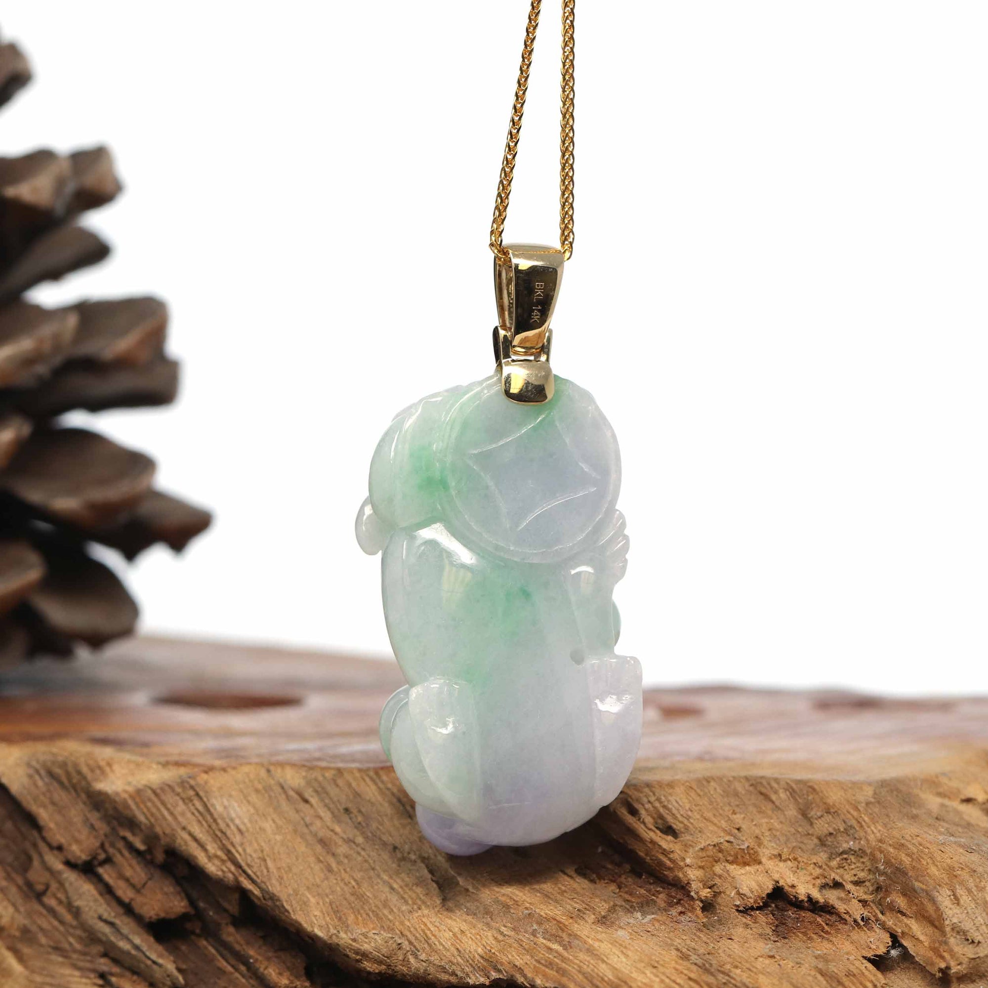 Baikalla Jewelry genuine jadeite carving Genuine Burmese Lavender-Green Jadeite Jade PiXiu Pendant Necklace With 14K Gold Bail