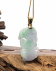 Baikalla Jewelry genuine jadeite carving Genuine Burmese Lavender-Green Jadeite Jade PiXiu Pendant Necklace With 14K Gold Bail