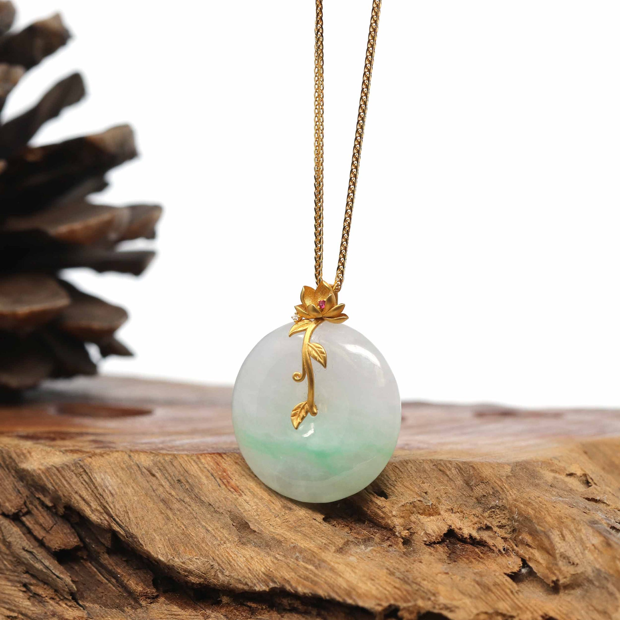 Baikalla Jewelry Gold Jadeite Jade Pendant Necklace 18K Yellow Gold "Good Luck Button" Necklace Lavender Green Jadeite Jade Pendant Necklace