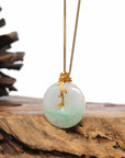 Baikalla Jewelry Gold Jadeite Jade Pendant Necklace 18K Yellow Gold "Good Luck Button" Necklace Lavender Green Jadeite Jade Pendant Necklace