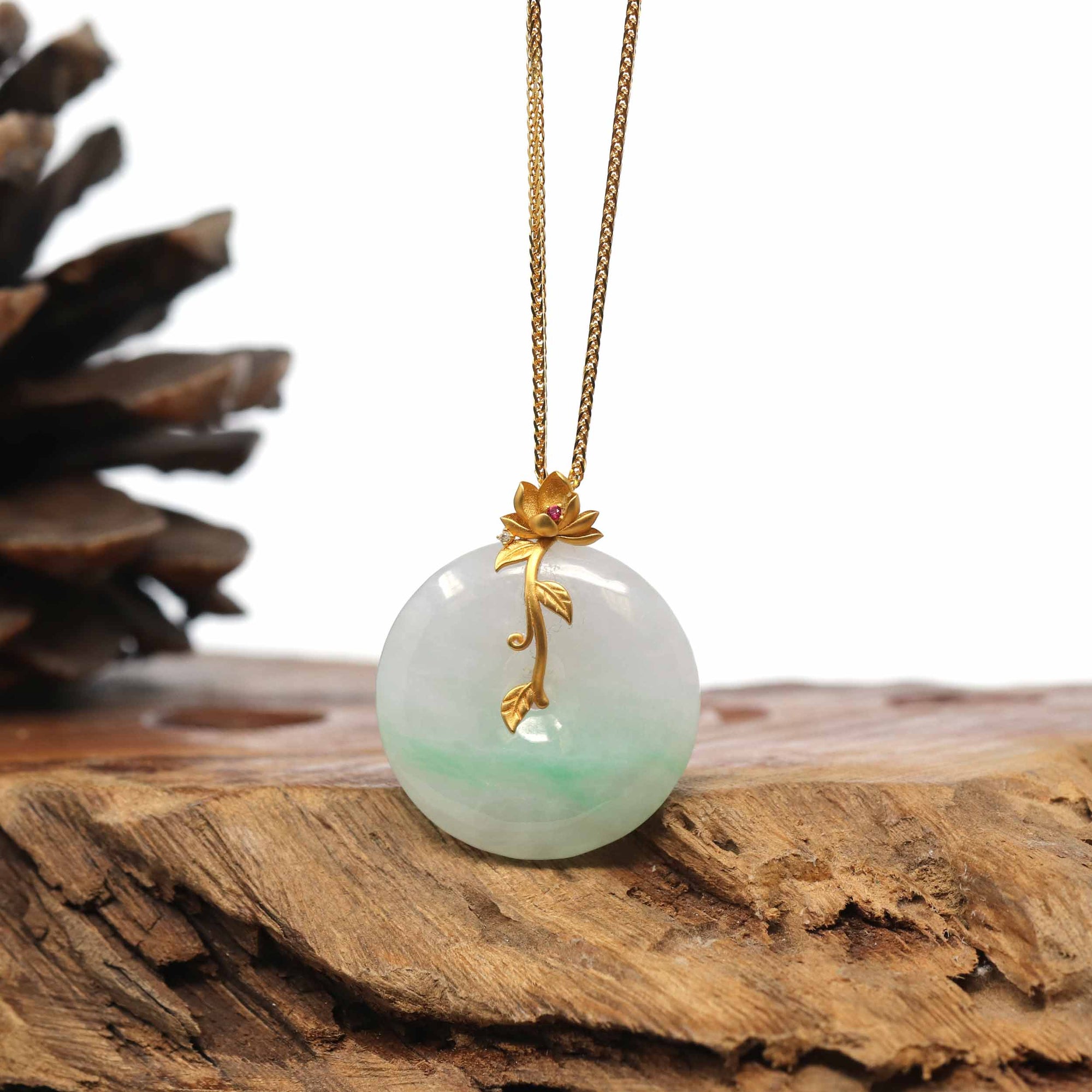 Baikalla Jewelry Gold Jadeite Jade Pendant Necklace 18K Yellow Gold "Good Luck Button" Necklace Lavender Green Jadeite Jade Pendant Necklace