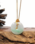 Baikalla Jewelry Gold Jadeite Jade Pendant Necklace 18K Yellow Gold "Good Luck Button" Necklace Lavender Green Jadeite Jade Pendant Necklace