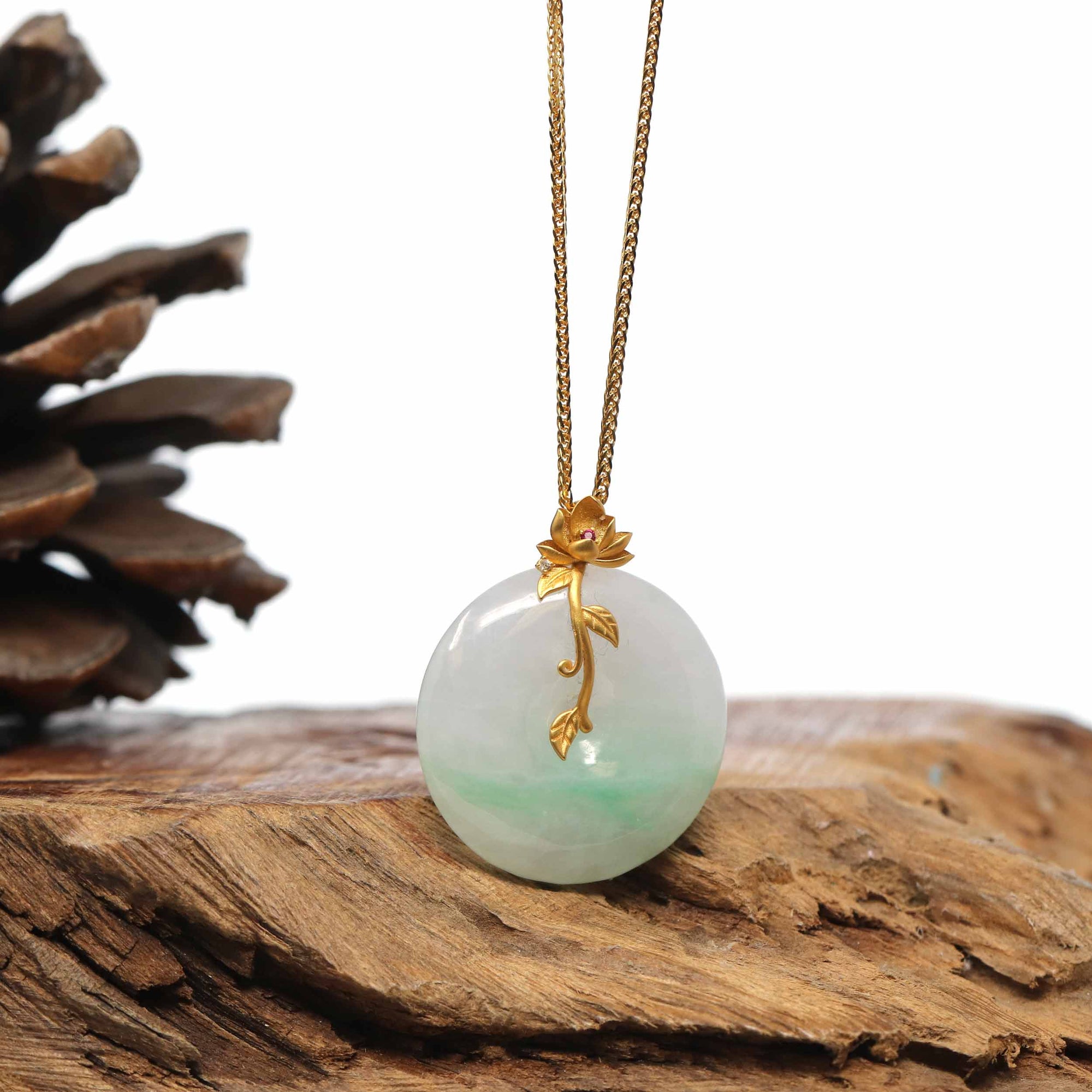 Baikalla Jewelry Gold Jadeite Jade Pendant Necklace 18K Yellow Gold "Good Luck Button" Necklace Lavender Green Jadeite Jade Pendant Necklace