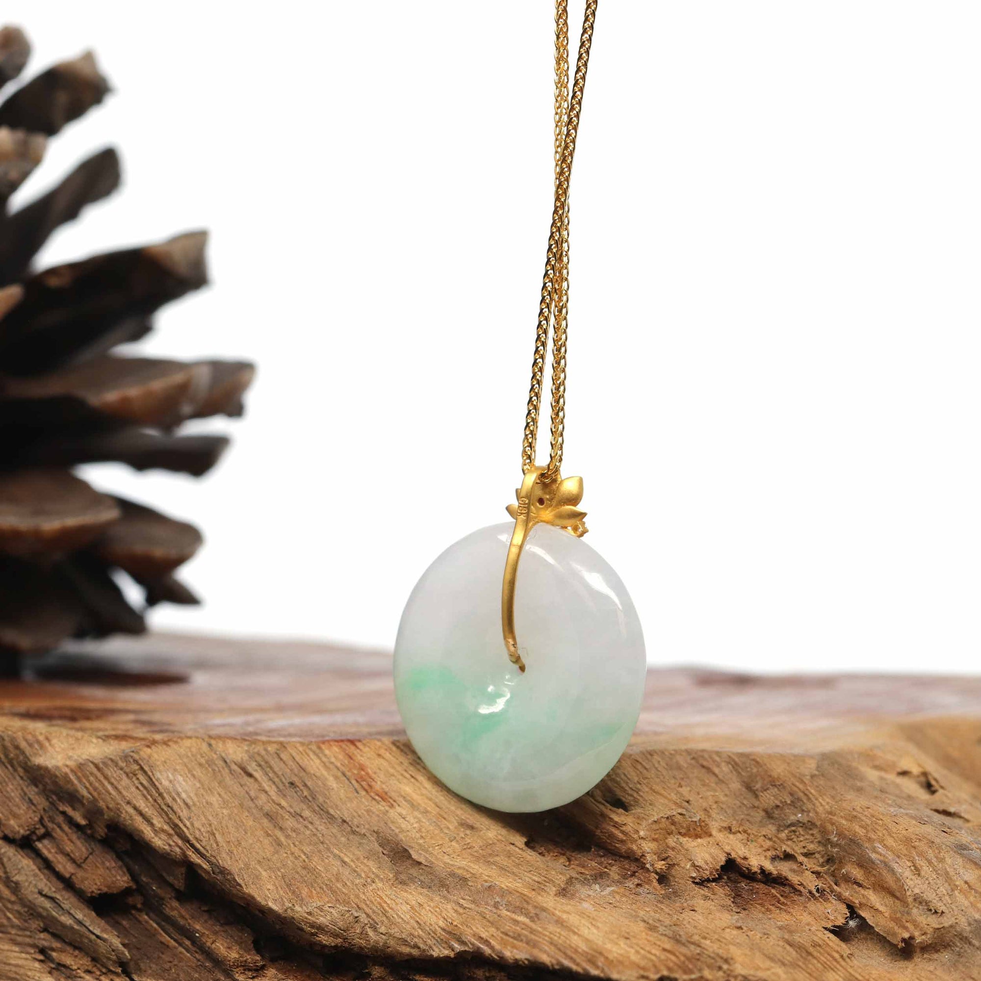 Baikalla Jewelry Gold Jadeite Jade Pendant Necklace 18K Yellow Gold "Good Luck Button" Necklace Lavender Green Jadeite Jade Pendant Necklace