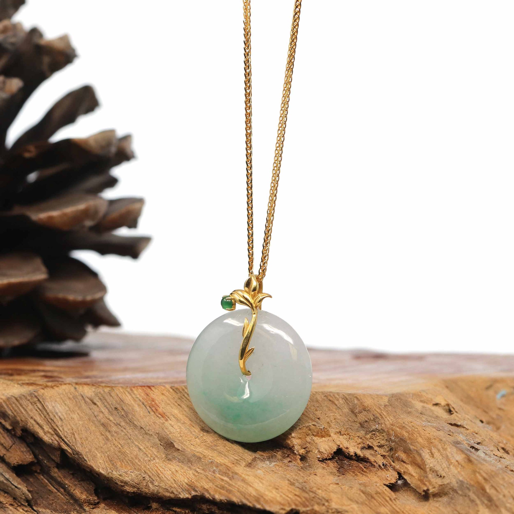 Baikalla Jewelry Gold Jadeite Jade Pendant Necklace Pendant Only 18K Yellow Gold "Good Luck Button" Necklace Green Jadeite Jade Pendant Necklace