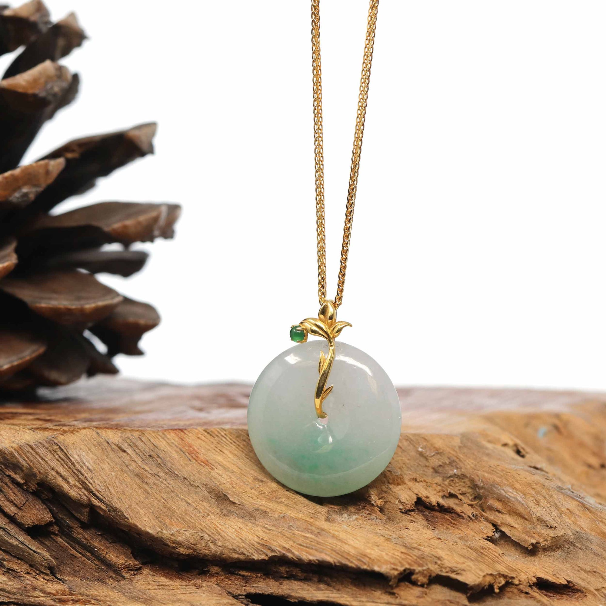 Baikalla Jewelry Gold Jadeite Jade Pendant Necklace 18K Yellow Gold "Good Luck Button" Necklace Green Jadeite Jade Pendant Necklace