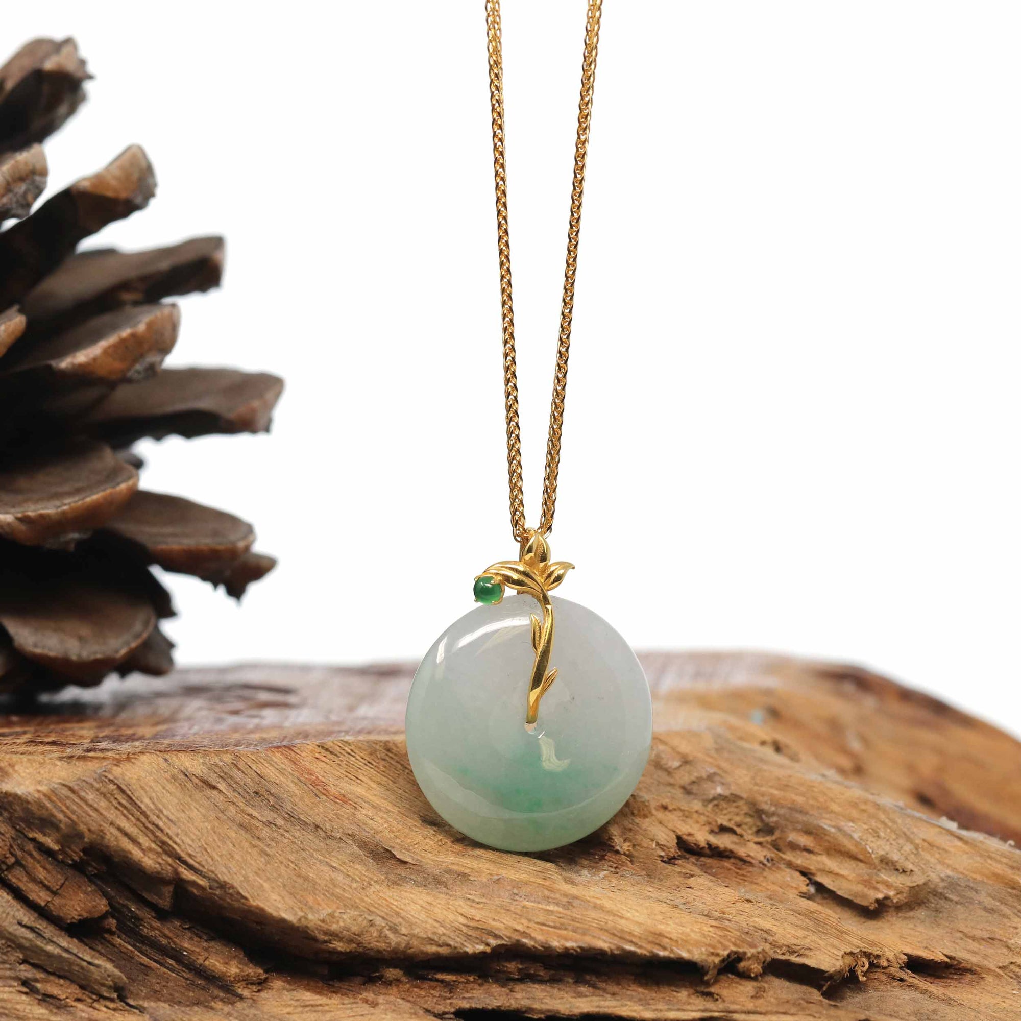 Baikalla Jewelry Gold Jadeite Jade Pendant Necklace 18K Yellow Gold "Good Luck Button" Necklace Green Jadeite Jade Pendant Necklace