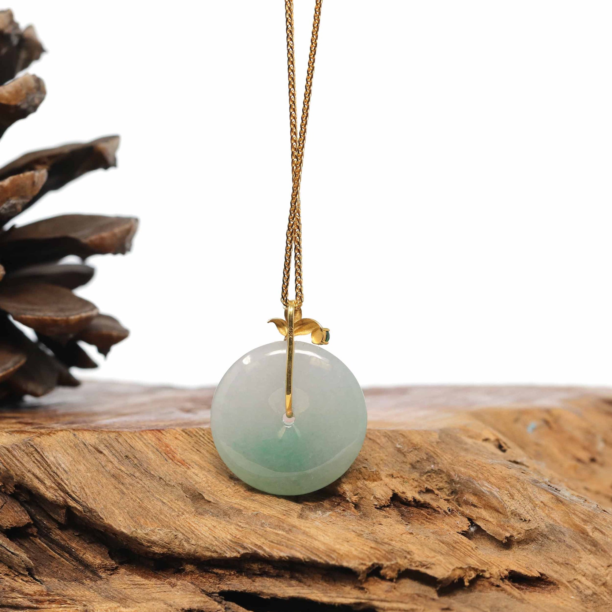 Baikalla Jewelry Gold Jadeite Jade Pendant Necklace 18K Yellow Gold "Good Luck Button" Necklace Green Jadeite Jade Pendant Necklace