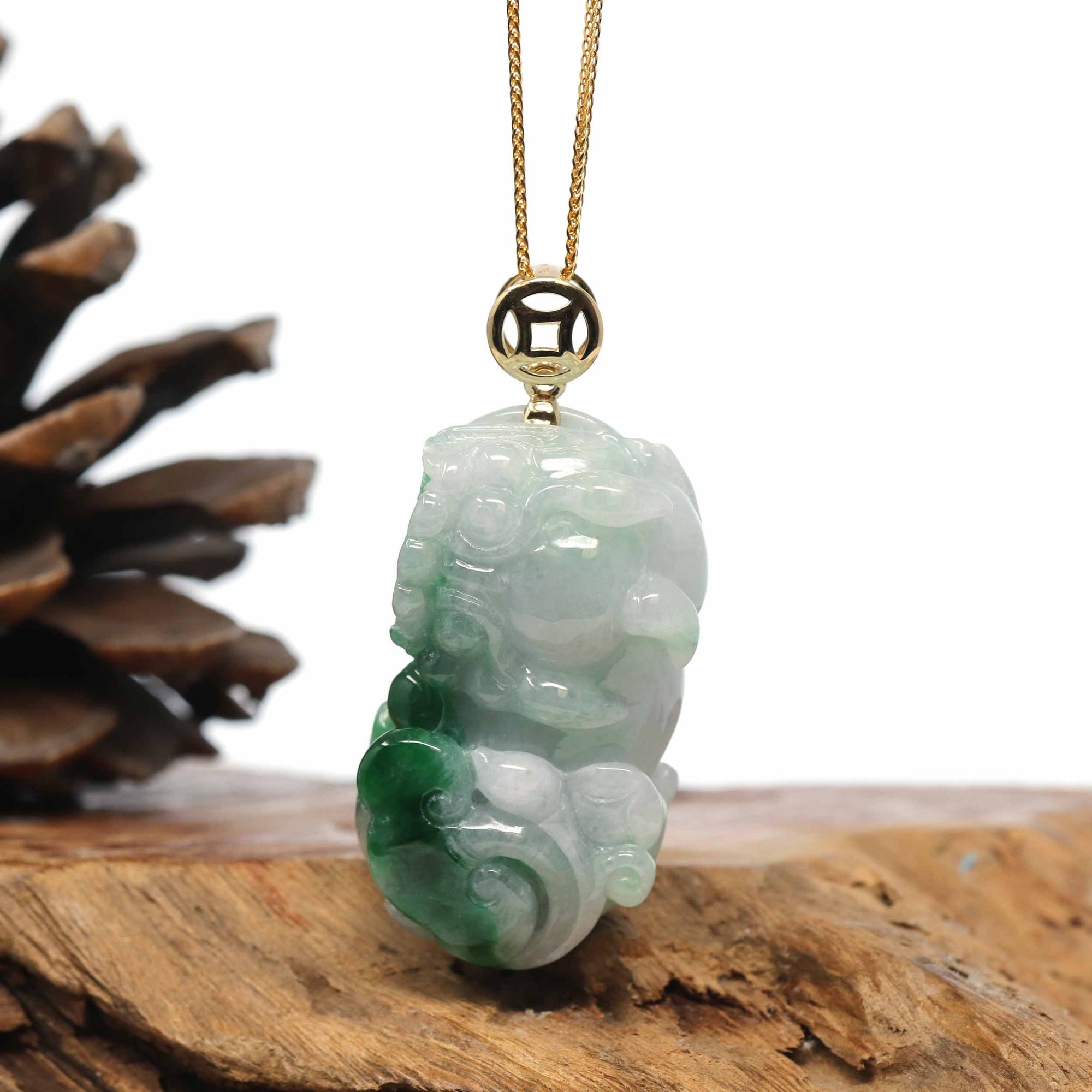 Baikalla Jewelry genuine jadeite carving Genuine Burmese Lavender-Green Jadeite Jade PiXiu Pendant Necklace With 18K Gold Bail