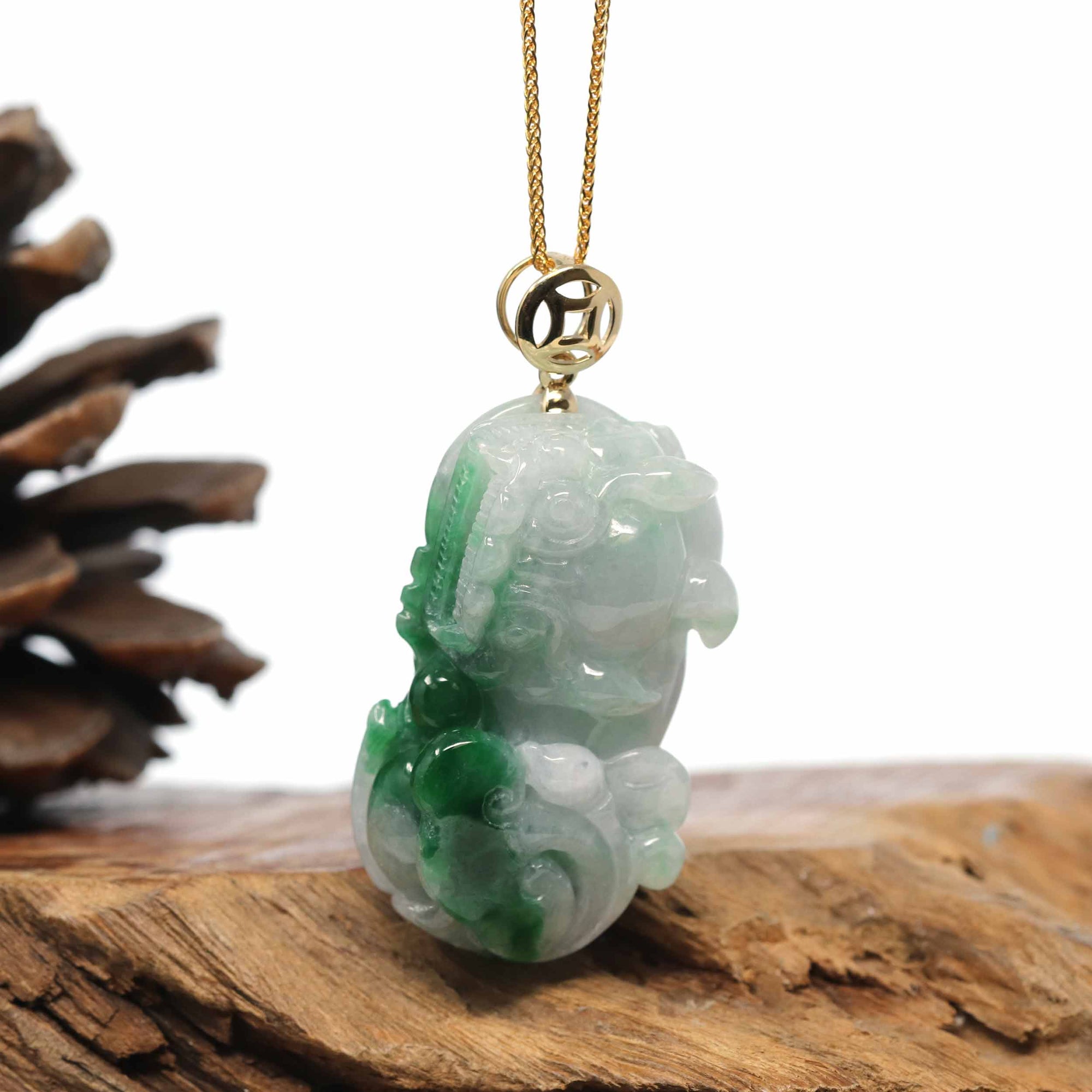 Baikalla Jewelry genuine jadeite carving Genuine Burmese Lavender-Green Jadeite Jade PiXiu Pendant Necklace With 18K Gold Bail