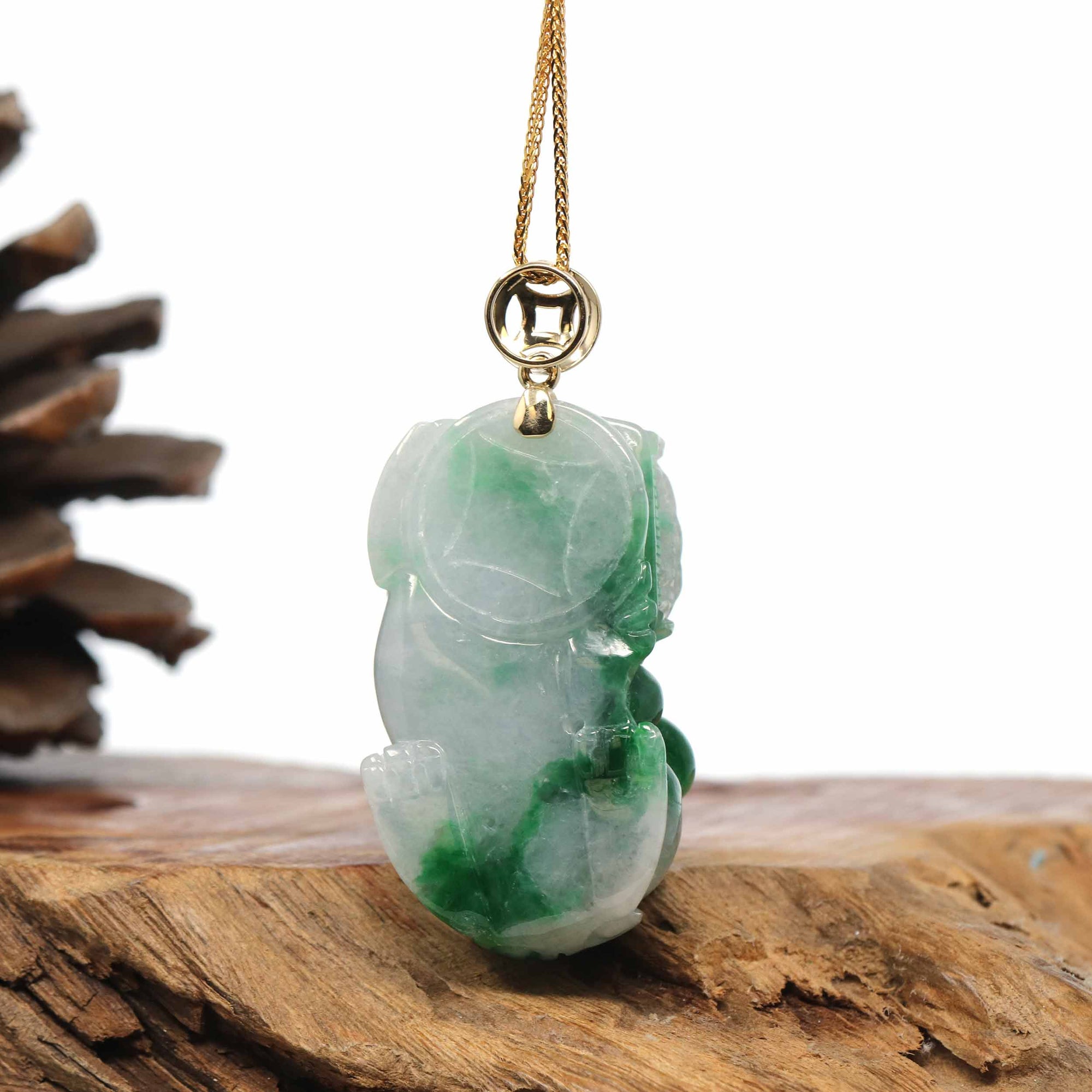 Baikalla Jewelry genuine jadeite carving Genuine Burmese Lavender-Green Jadeite Jade PiXiu Pendant Necklace With 18K Gold Bail