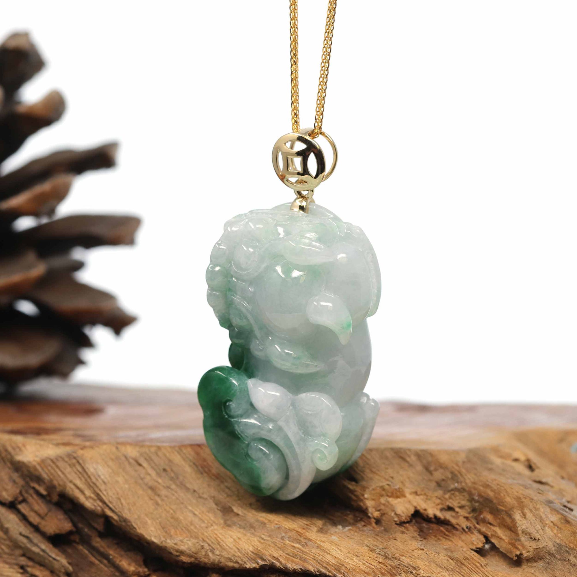 Baikalla Jewelry genuine jadeite carving Genuine Burmese Lavender-Green Jadeite Jade PiXiu Pendant Necklace With 18K Gold Bail