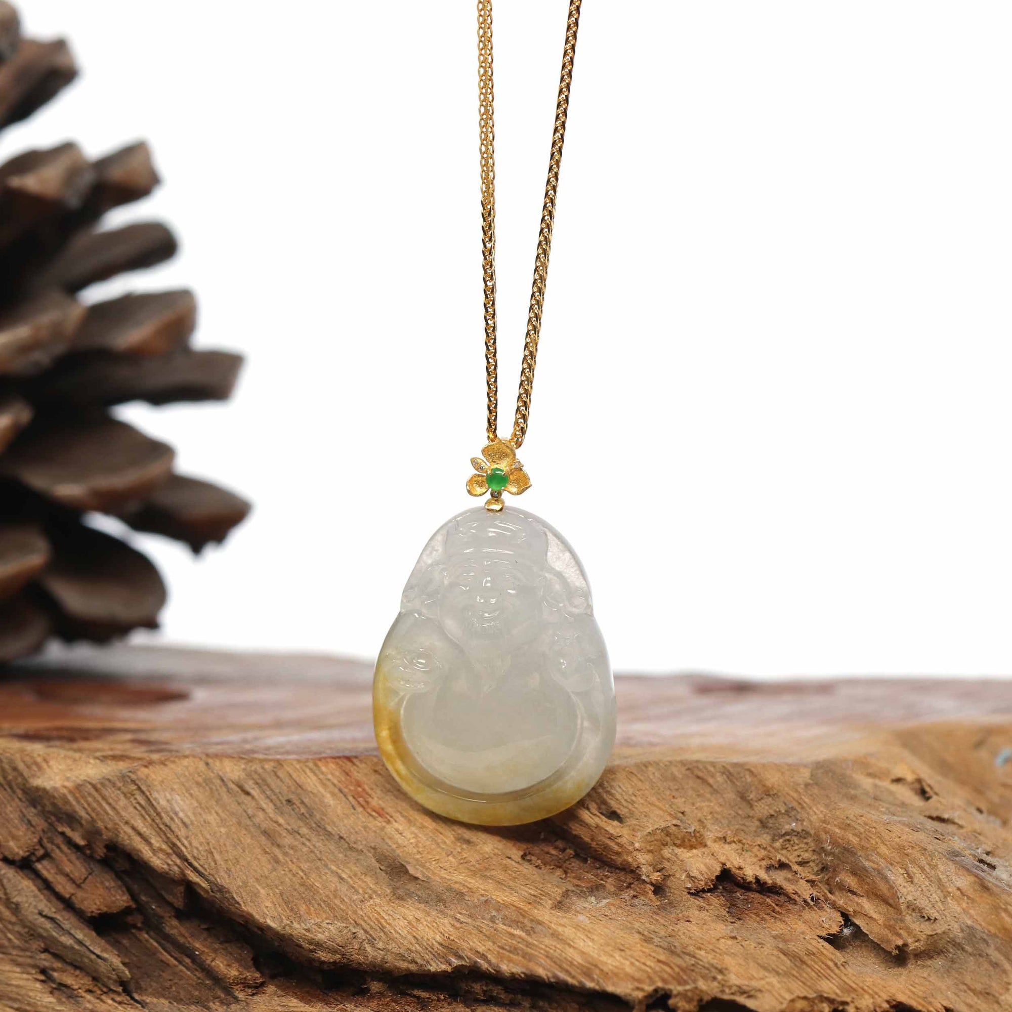 Baikalla Jewelry 18k Gold Jadeite Necklace Baikalla 18K Yellow Gold Genuine Burmese Green Jadeite Jade Money Sainte Pendant