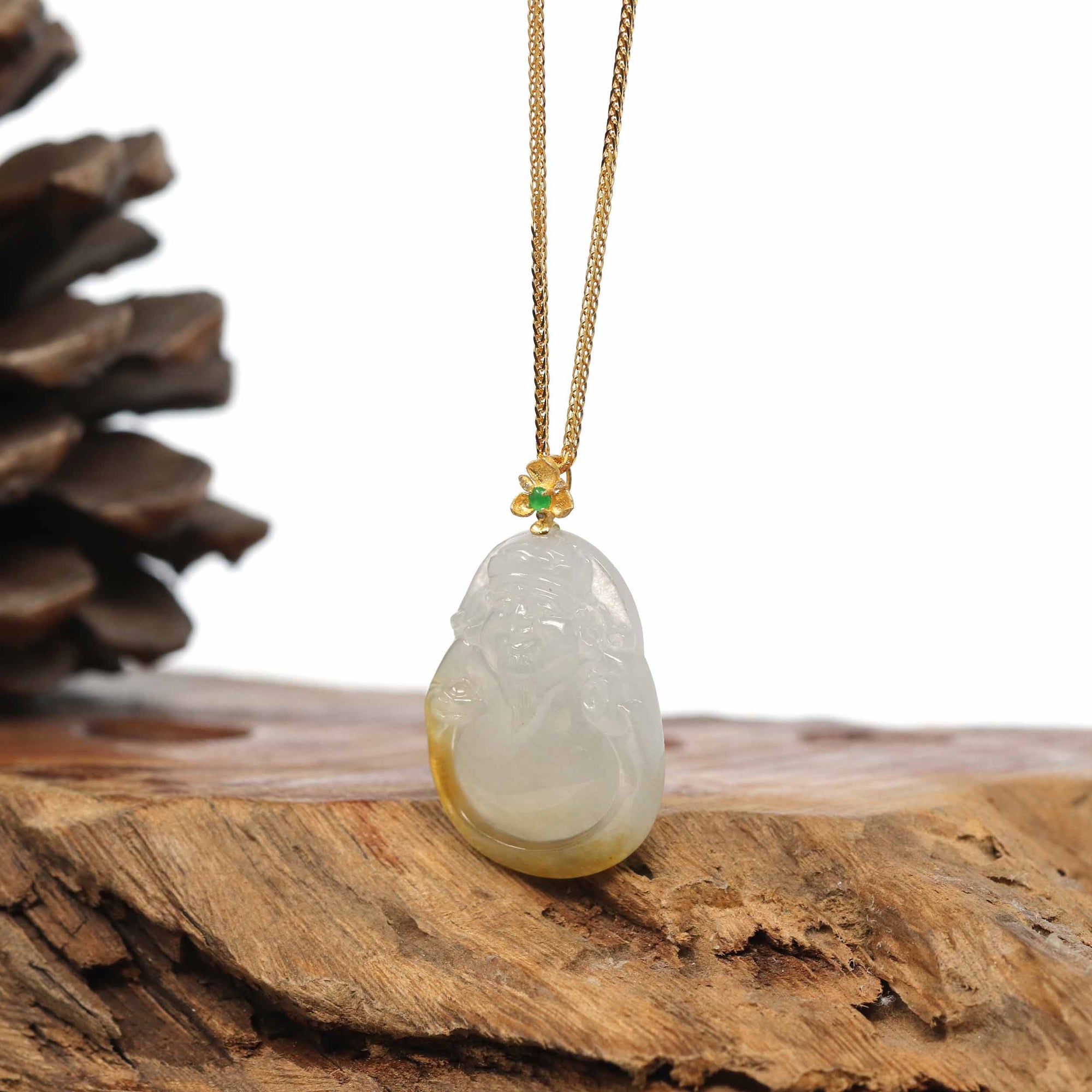 Baikalla Jewelry 18k Gold Jadeite Necklace Baikalla 18K Yellow Gold Genuine Burmese Green Jadeite Jade Money Sainte Pendant