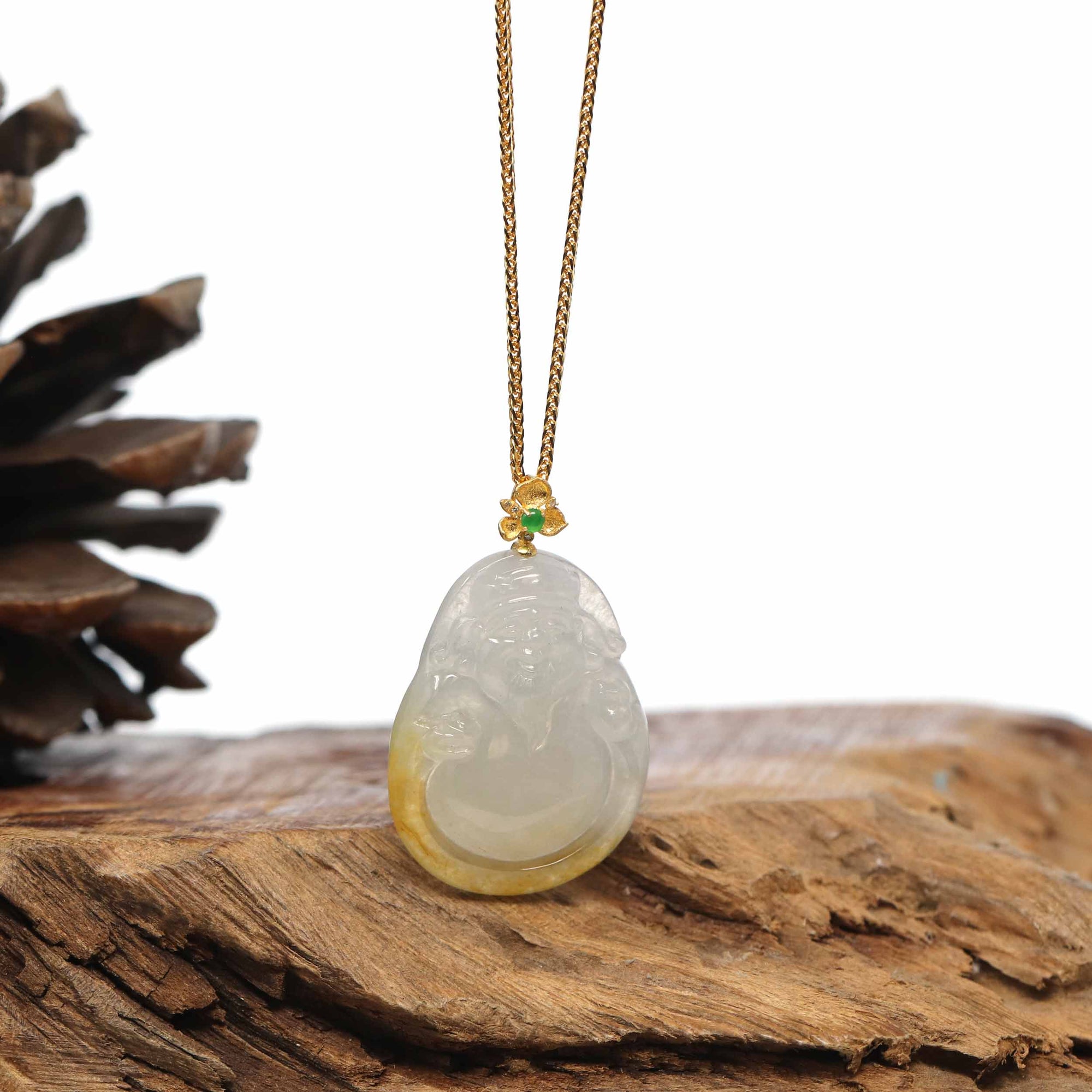 Baikalla Jewelry 18k Gold Jadeite Necklace Baikalla 18K Yellow Gold Genuine Burmese Green Jadeite Jade Money Sainte Pendant