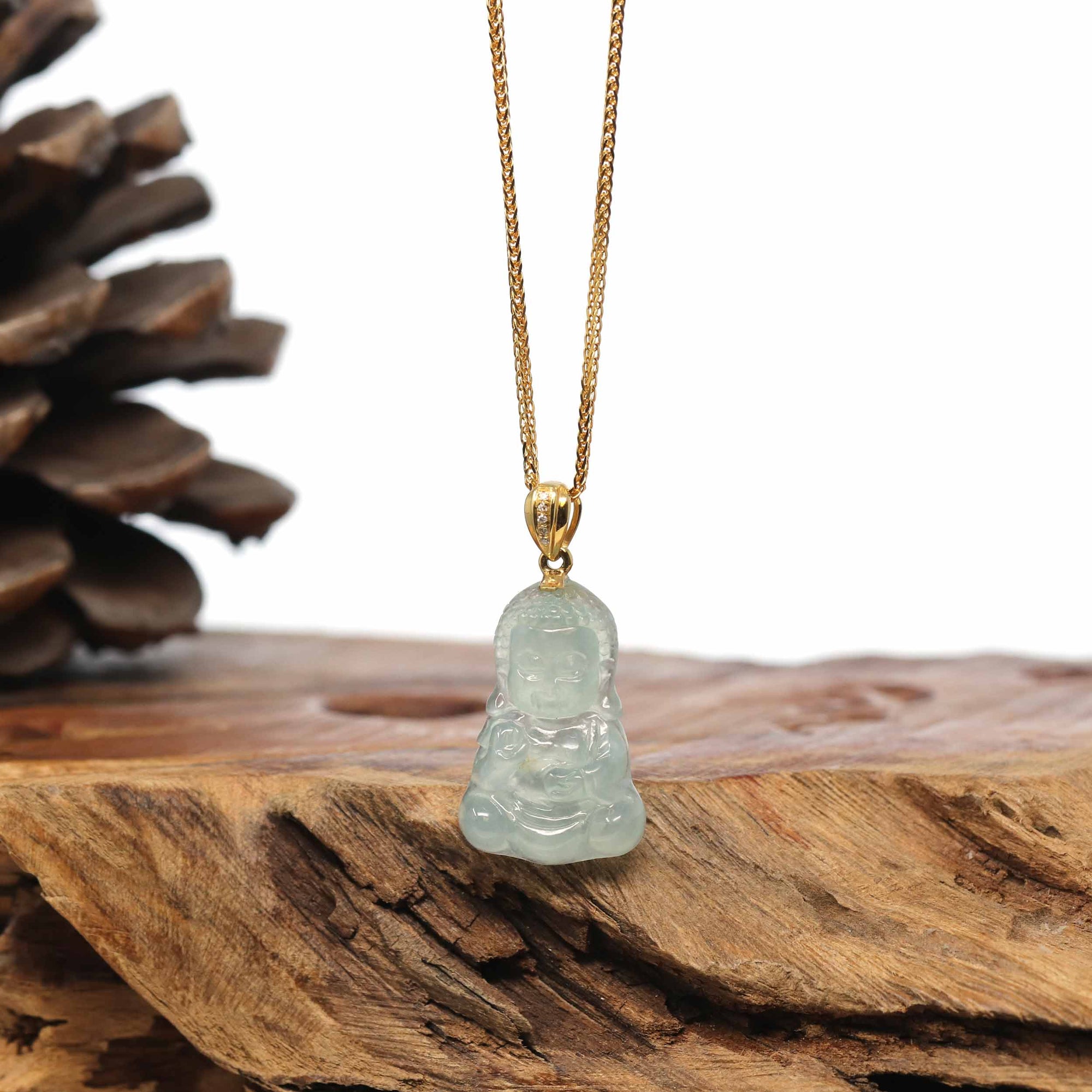 Baikalla Jewelry Jade Guanyin Pendant Necklace 18k Yellow Gold Genuine Burmese Jadeite Jade Baby Buddha Necklace