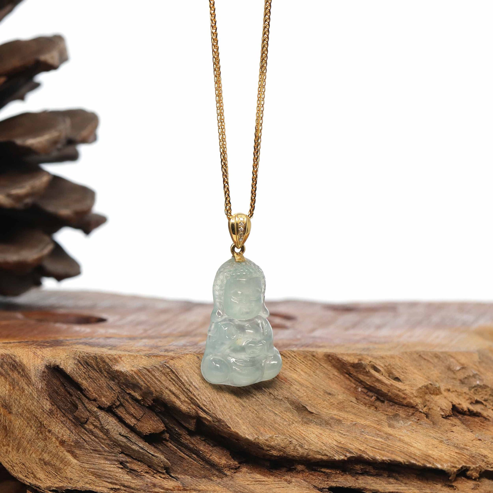 Baikalla Jewelry Jade Guanyin Pendant Necklace 18k Yellow Gold Genuine Burmese Jadeite Jade Baby Buddha Necklace