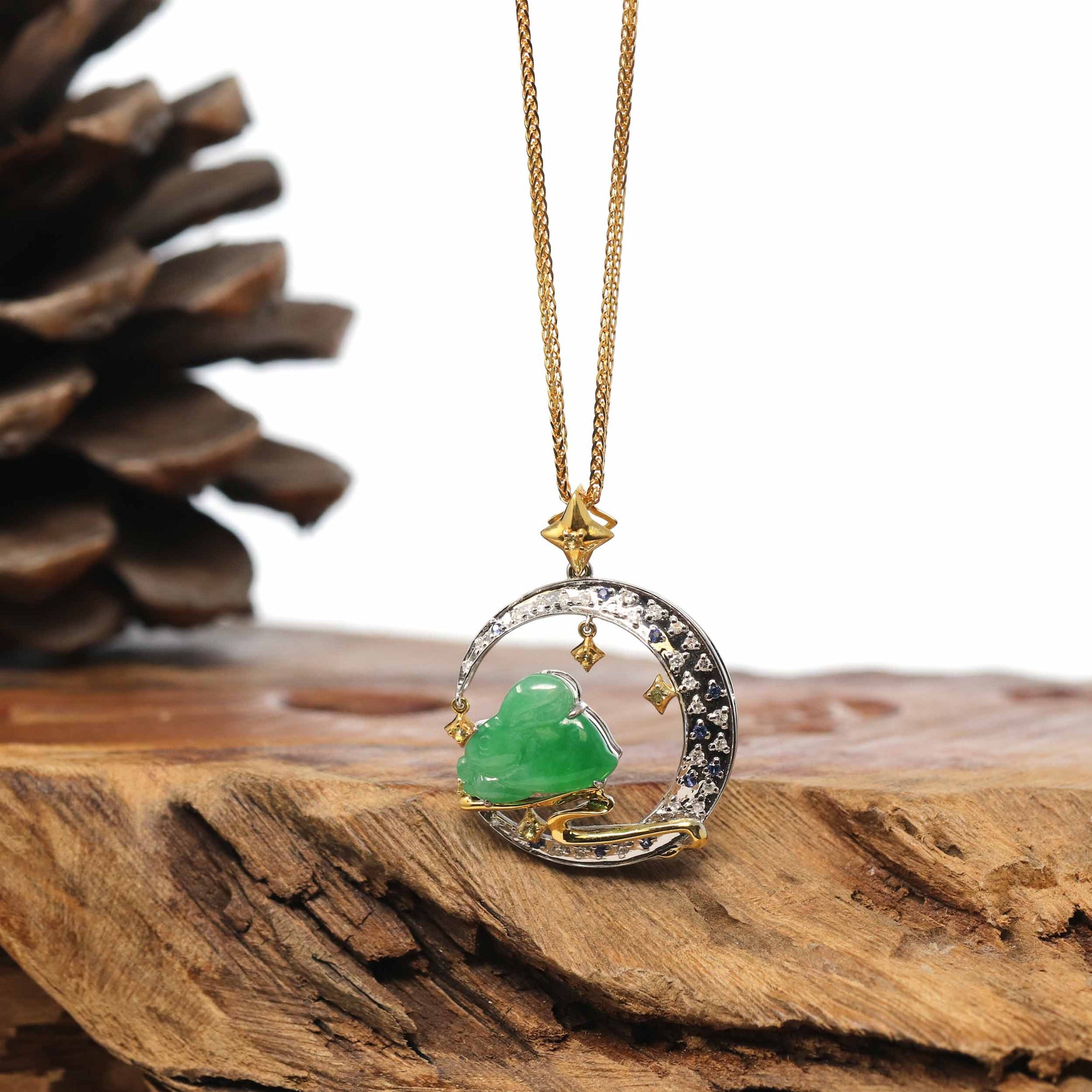 Baikalla Jewelry Gold Jadeite Necklace 18k Yellow Gold Jadeite Jade Ginkgo Leaf Pendant Necklace with Diamond