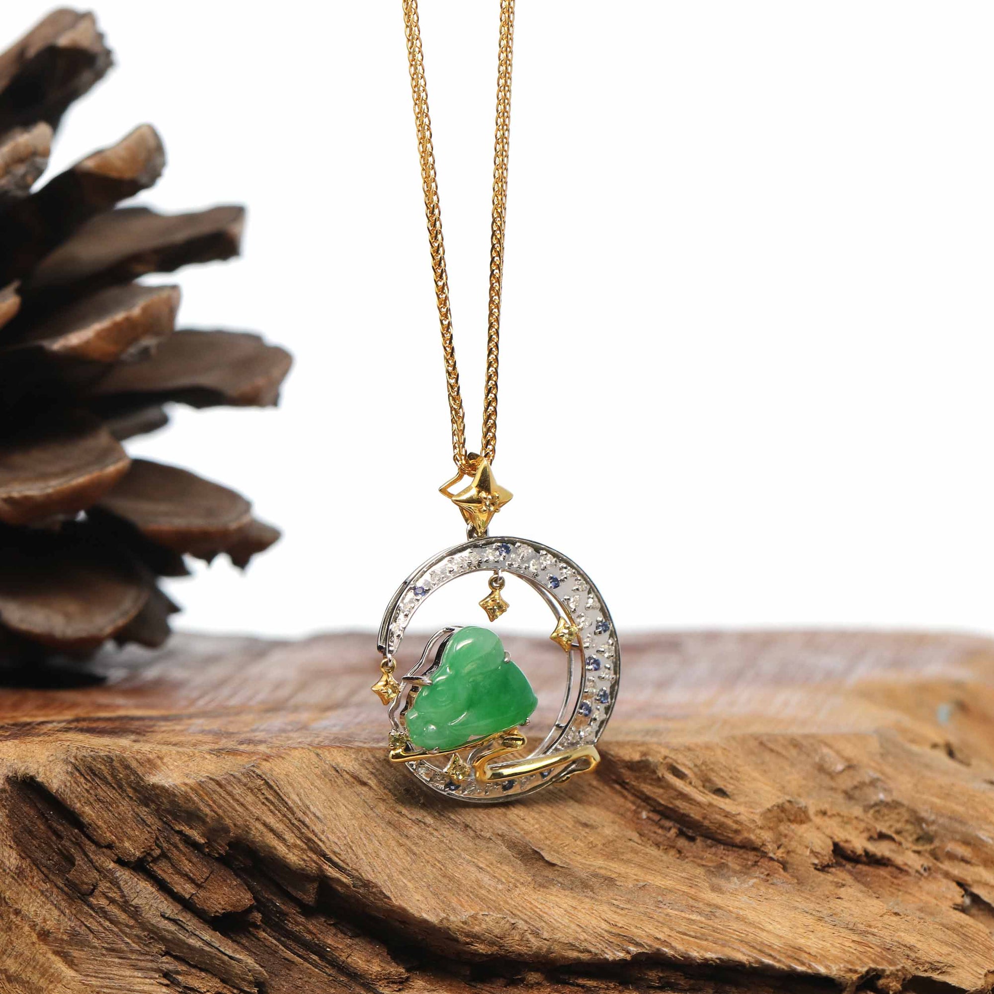 Baikalla Jewelry Gold Jadeite Necklace 18k Yellow Gold Jadeite Jade Ginkgo Leaf Pendant Necklace with Diamond