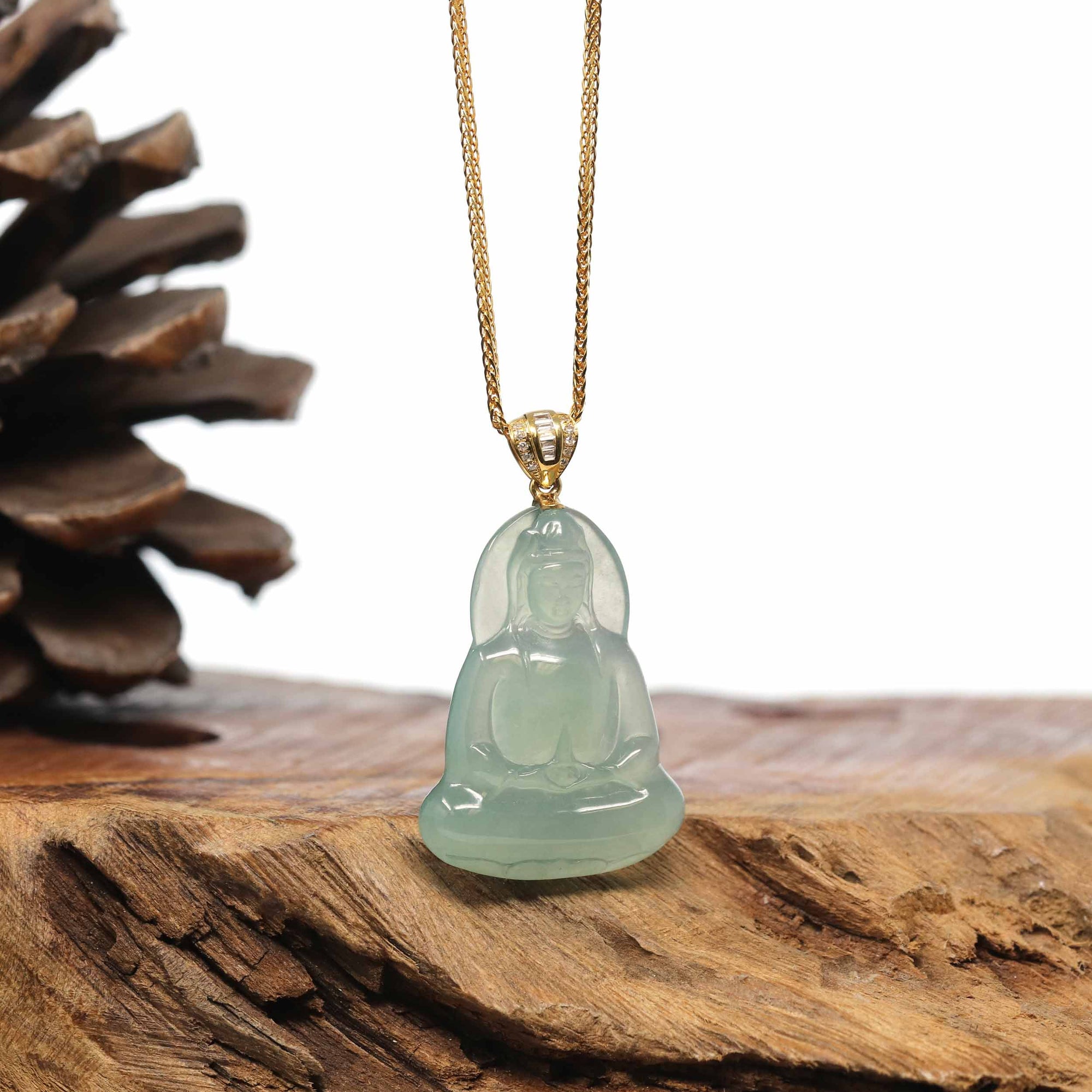 Baikalla Jewelry Jade Guanyin Pendant Necklace "Goddess of Compassion" 18k Yellow Gold Genuine Burmese Jadeite Jade Guanyin Necklace