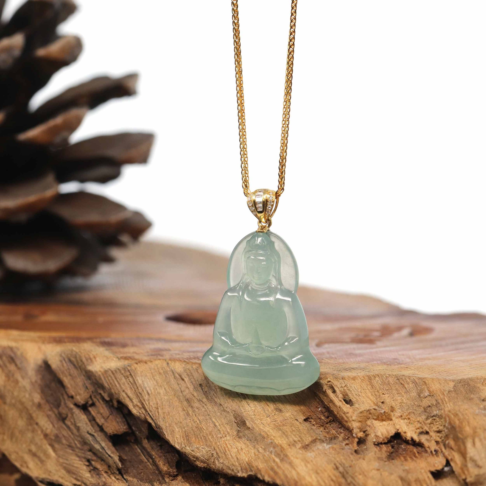 Baikalla Jewelry Jade Guanyin Pendant Necklace "Goddess of Compassion" 18k Yellow Gold Genuine Burmese Jadeite Jade Guanyin Necklace