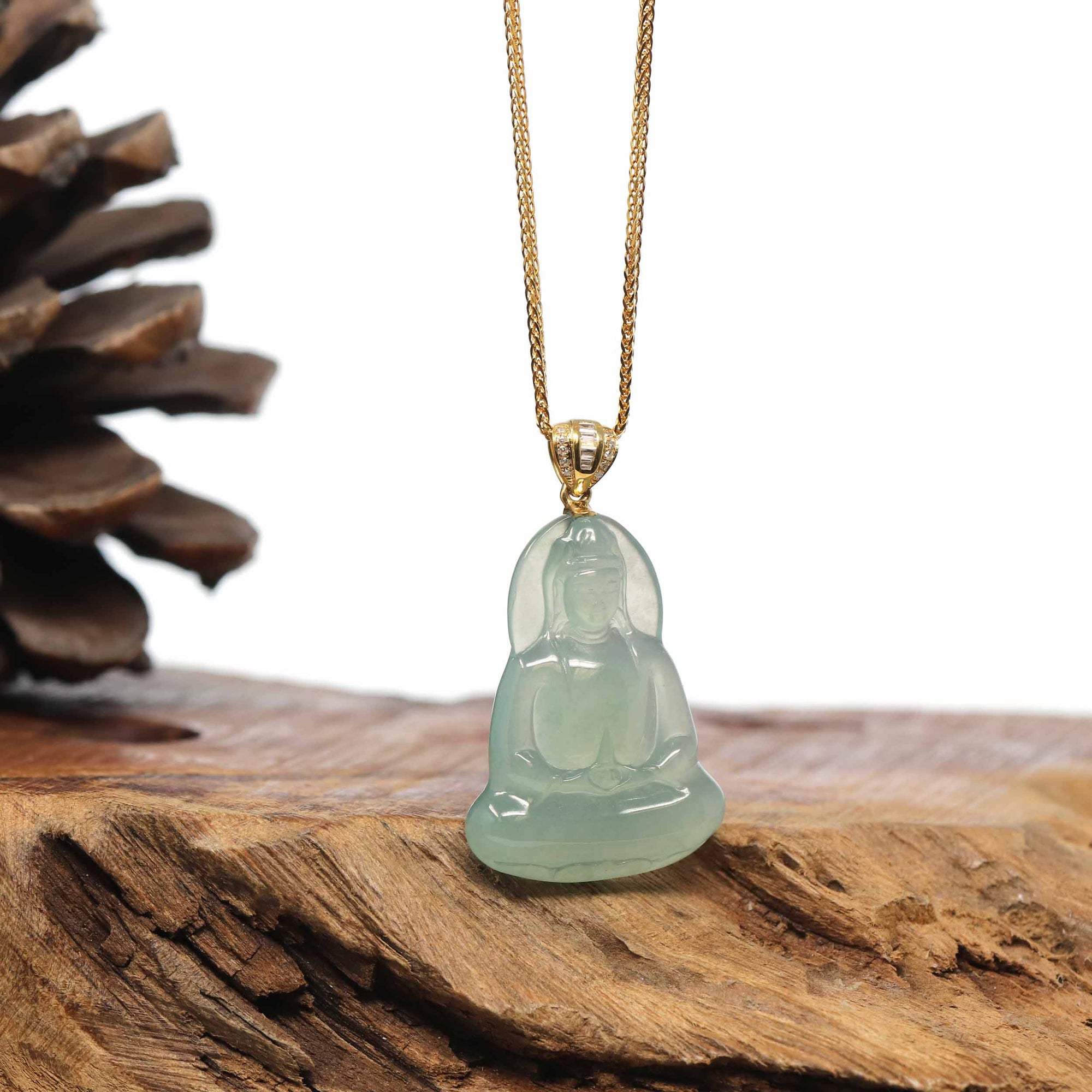 Baikalla Jewelry Jade Guanyin Pendant Necklace "Goddess of Compassion" 18k Yellow Gold Genuine Burmese Jadeite Jade Guanyin Necklace