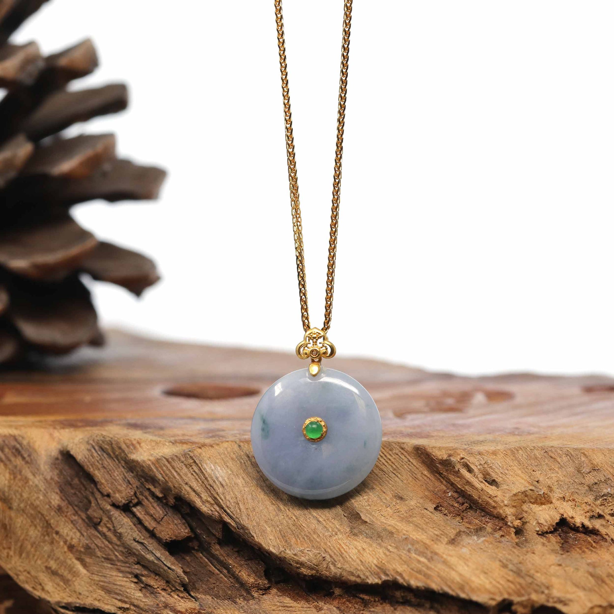 Baikalla Jewelry Gold Jadeite Jade Pendant Necklace 18K Yellow Gold "Good Luck Button" Necklace Lavender Green Jadeite Jade Pendant Necklace