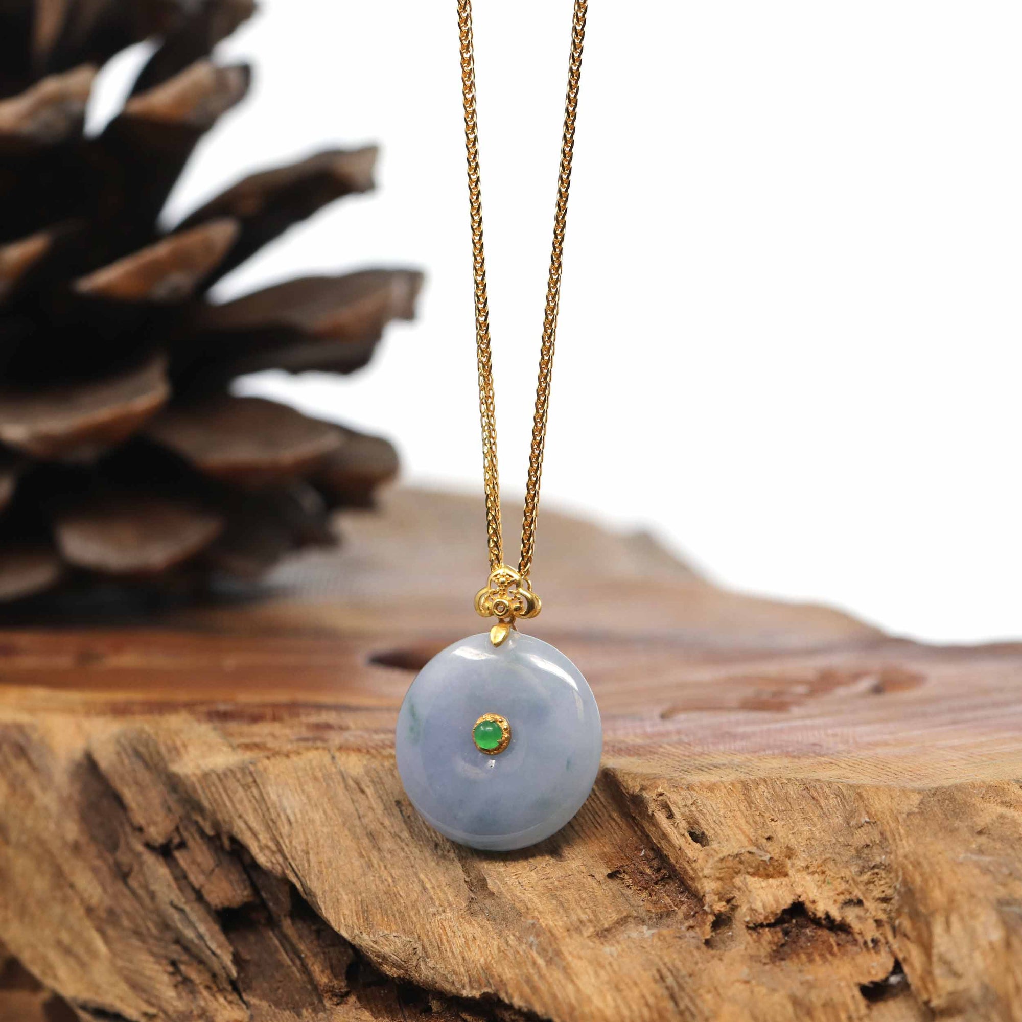 Baikalla Jewelry Gold Jadeite Jade Pendant Necklace 18K Yellow Gold "Good Luck Button" Necklace Lavender Green Jadeite Jade Pendant Necklace