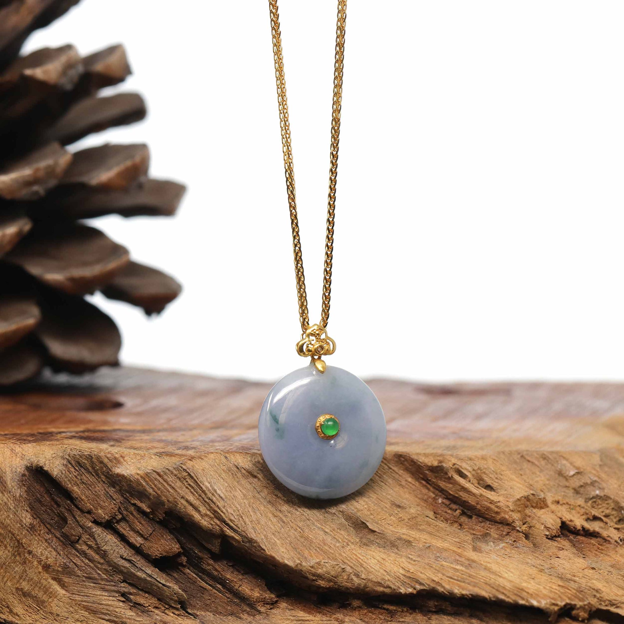 Baikalla Jewelry Gold Jadeite Jade Pendant Necklace 18K Yellow Gold "Good Luck Button" Necklace Lavender Green Jadeite Jade Pendant Necklace