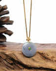 Baikalla Jewelry Gold Jadeite Jade Pendant Necklace 18K Yellow Gold "Good Luck Button" Necklace Lavender Green Jadeite Jade Pendant Necklace