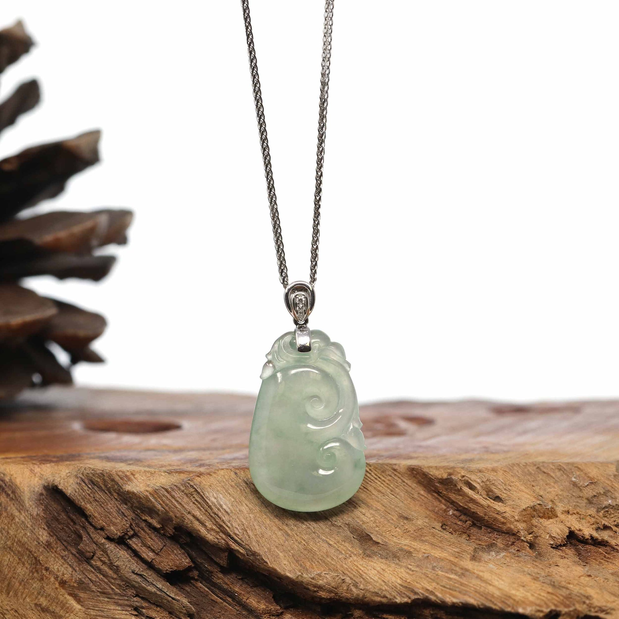 Baikalla Jewelry Jade Guanyin Pendant Necklace "Wang Shi Ru Yi" Genuine Ice Green Jadeite Jade Pendant Necklace With 18K White Gold Diamond Bail