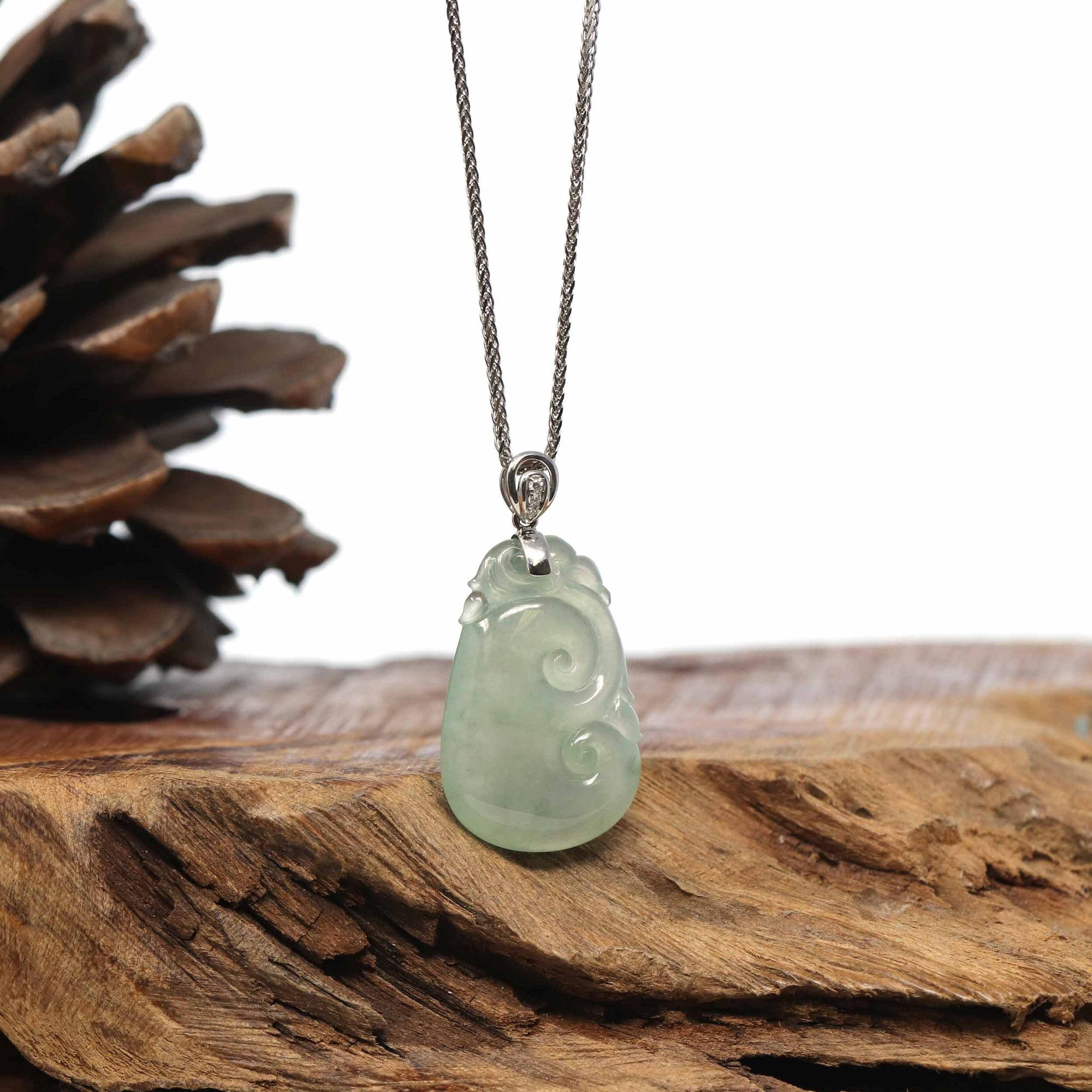 Baikalla Jewelry Jade Guanyin Pendant Necklace "Wang Shi Ru Yi" Genuine Ice Green Jadeite Jade Pendant Necklace With 18K White Gold Diamond Bail