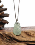 Baikalla Jewelry Jade Guanyin Pendant Necklace "Wang Shi Ru Yi" Genuine Ice Green Jadeite Jade Pendant Necklace With 18K White Gold Diamond Bail