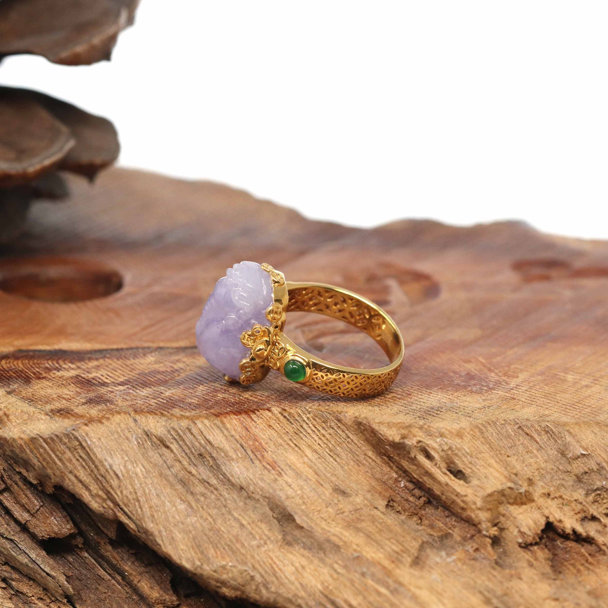 Baikalla Jewelry Jadeite Engagement Ring 18k Yellow Gold Natural Rich Lavender Pixiu Jadeite Jade Ring With Diamonds