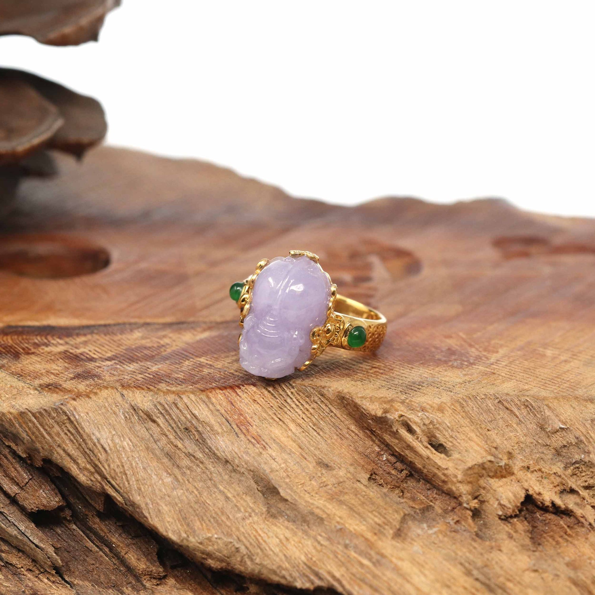 Baikalla Jewelry Jadeite Engagement Ring 18k Yellow Gold Natural Rich Lavender Pixiu Jadeite Jade Ring With Diamonds