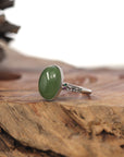 Baikalla Jewelry Jade Ring Baikalla "Classic Oval With Accents" Sterling Silver Natural Green Nephrite Jade Adjustable Ring For Her