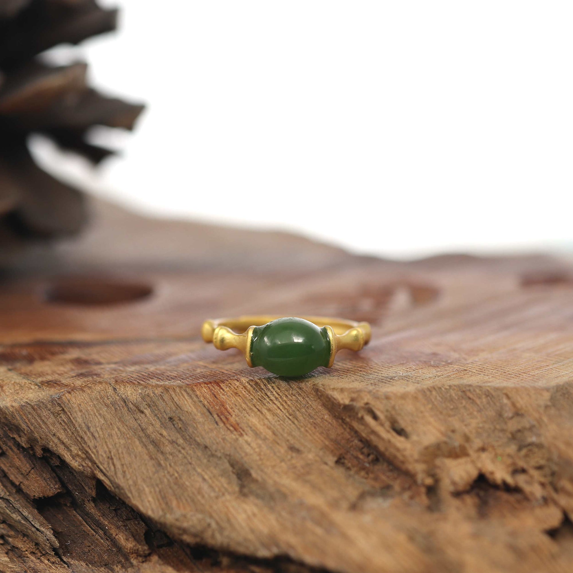 Baikalla Jewelry Jade Ring Baikalla™ &quot;Classic Oval Bamboo&quot; Sterling Silver Natural Green Nephrite Jade Adjustable Ring For Her