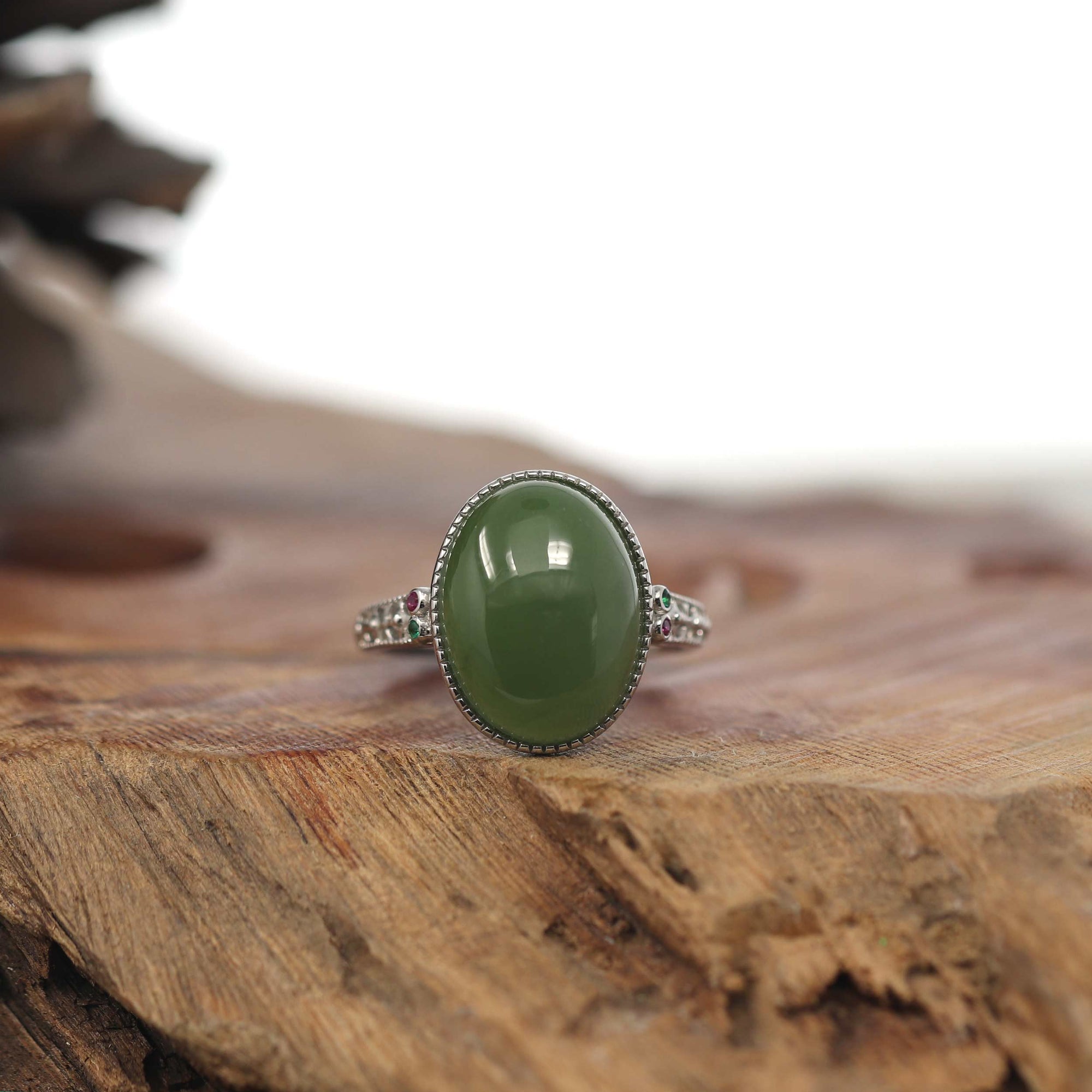 Baikalla Jewelry Jade Ring Baikalla "Classic Oval With Accents" Sterling Silver Natural Green Nephrite Jade Adjustable Ring For Her