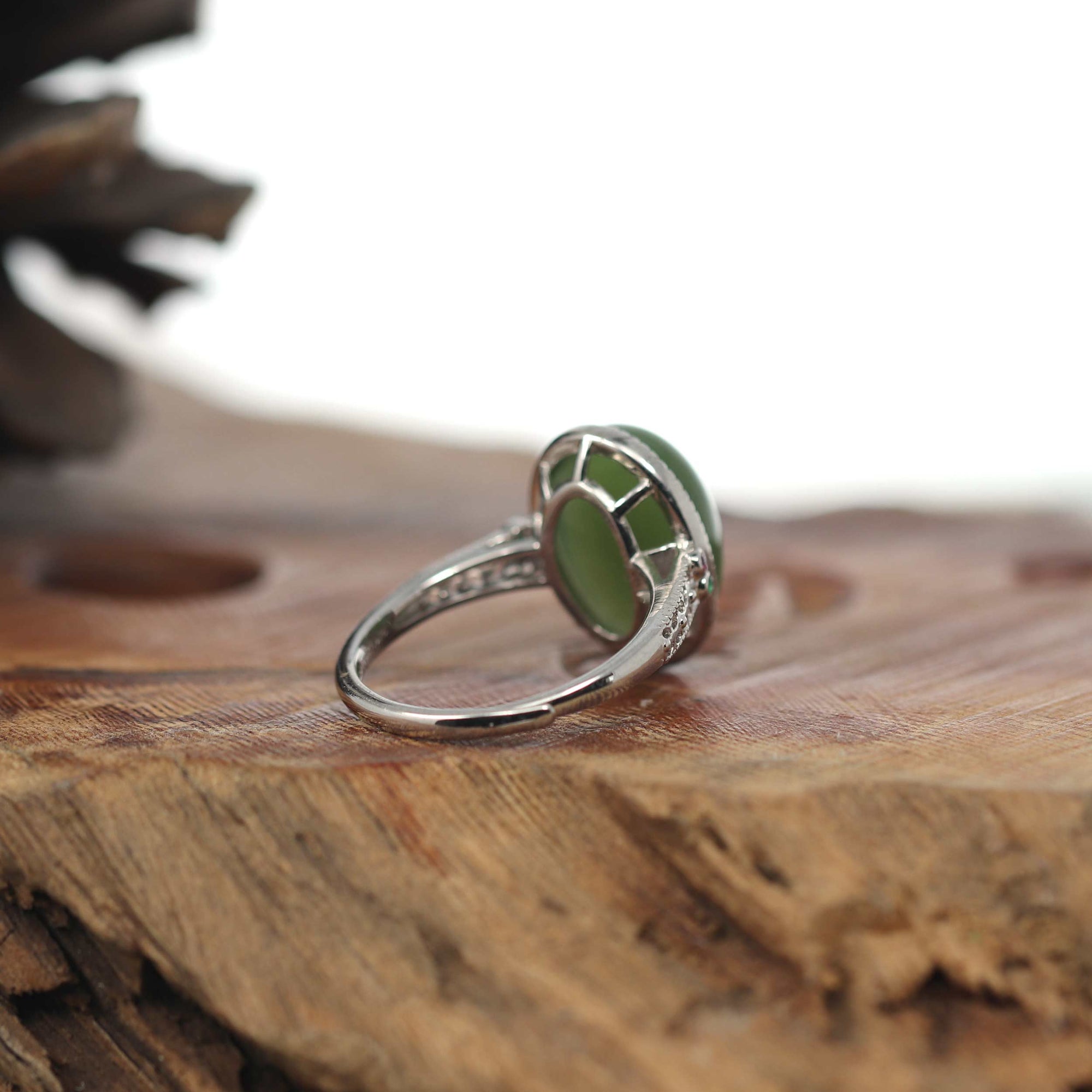 Baikalla Jewelry Jade Ring Baikalla "Classic Oval With Accents" Sterling Silver Natural Green Nephrite Jade Adjustable Ring For Her