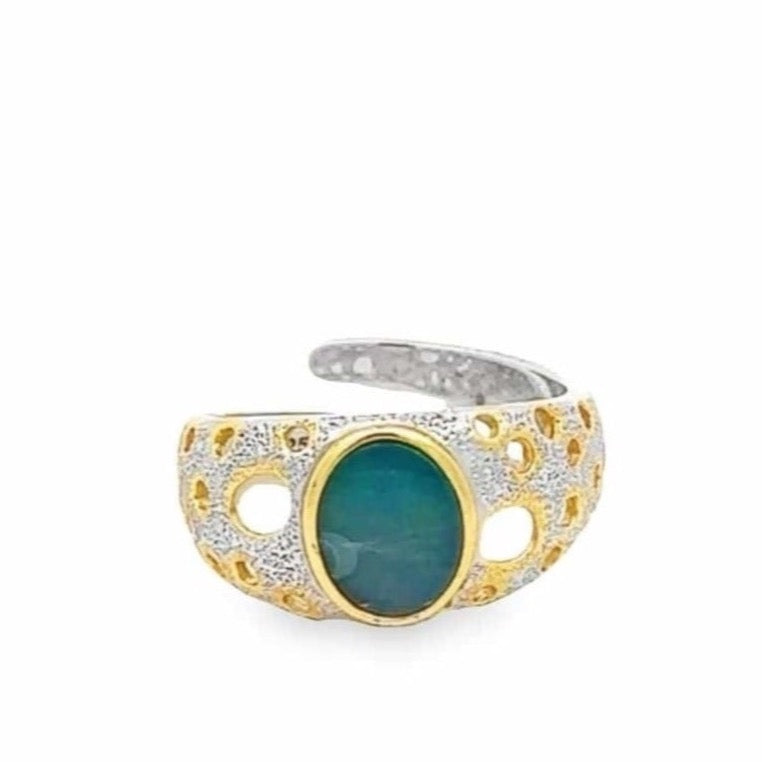 Baikalla Jewelry Jade Ring Baikalla Antique Natural Opal Sterling Silver Gold Plated Two Tone Ring