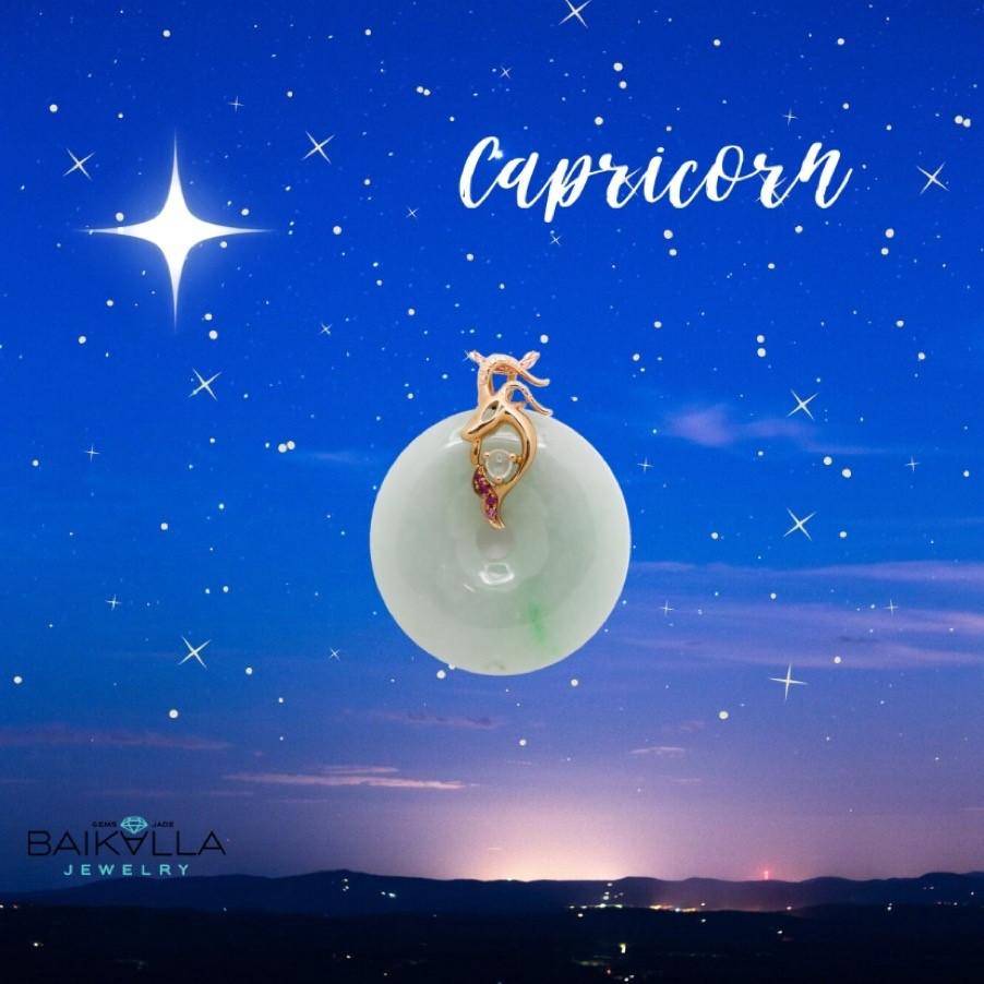 Baikalla Jewelry Gold Jadeite Pendant 18k Rose Gold Genuine Jadeite Horoscope Constellation (Capricorn) Necklace Pendant with Ruby