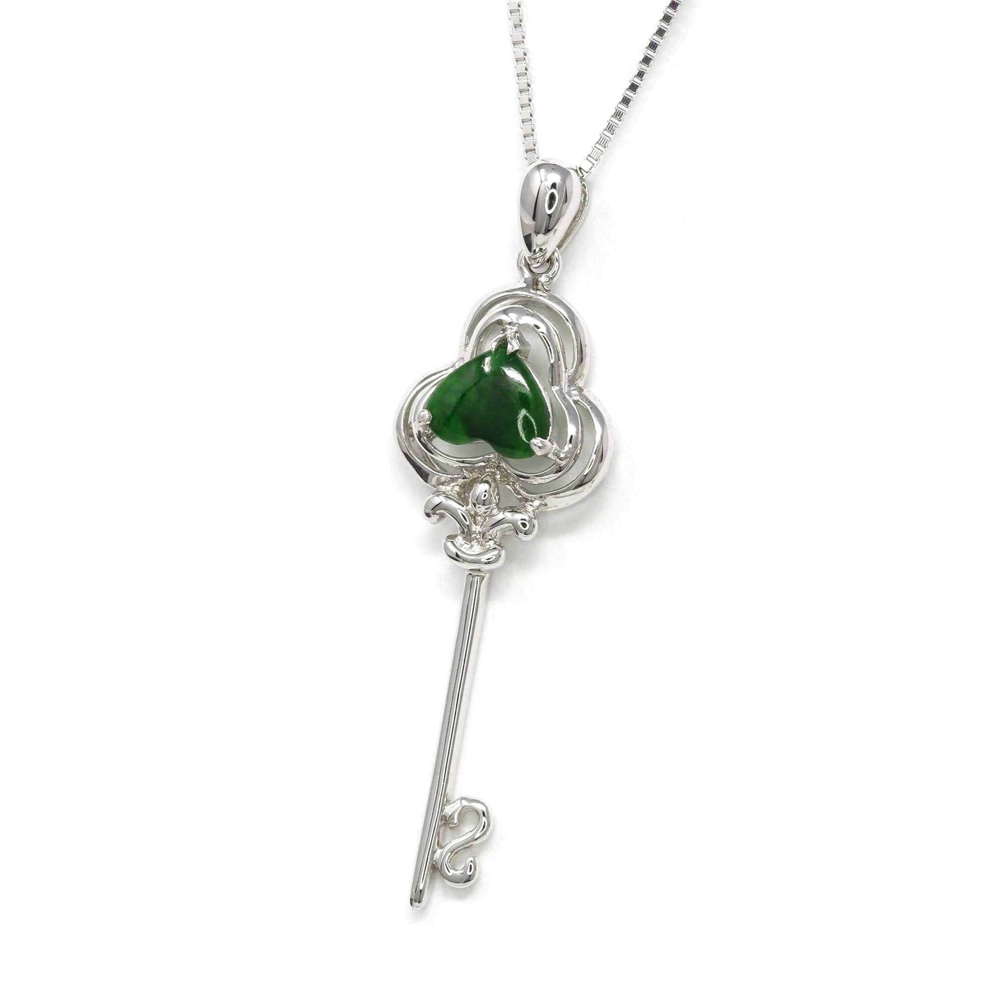 Baikalla Jewelry 18k Gold Jadeite Pendant Baikalla™ &quot;Heart Key&quot; 18k White Gold Genuine Burmese Jadeite Key Pendant Necklace 