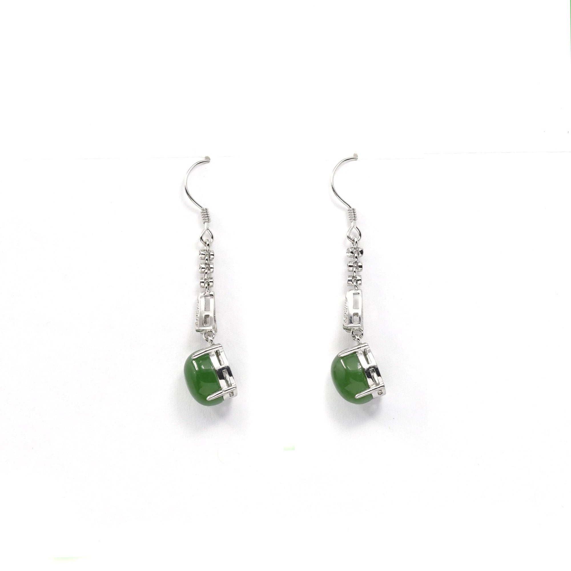 Baikalla Jewelry Silver Gemstone Earrings Sterling Silver Genuine Nephrite Green Jade Diamond Dangle Earrings