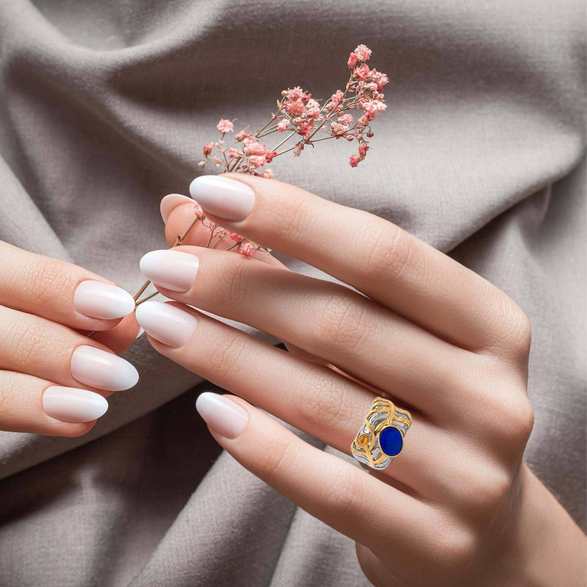 Baikalla Jewelry Jade Ring Baikalla Antique Natural Lapis and Agate Sterling Silver Gold Plated Two Tone Ring