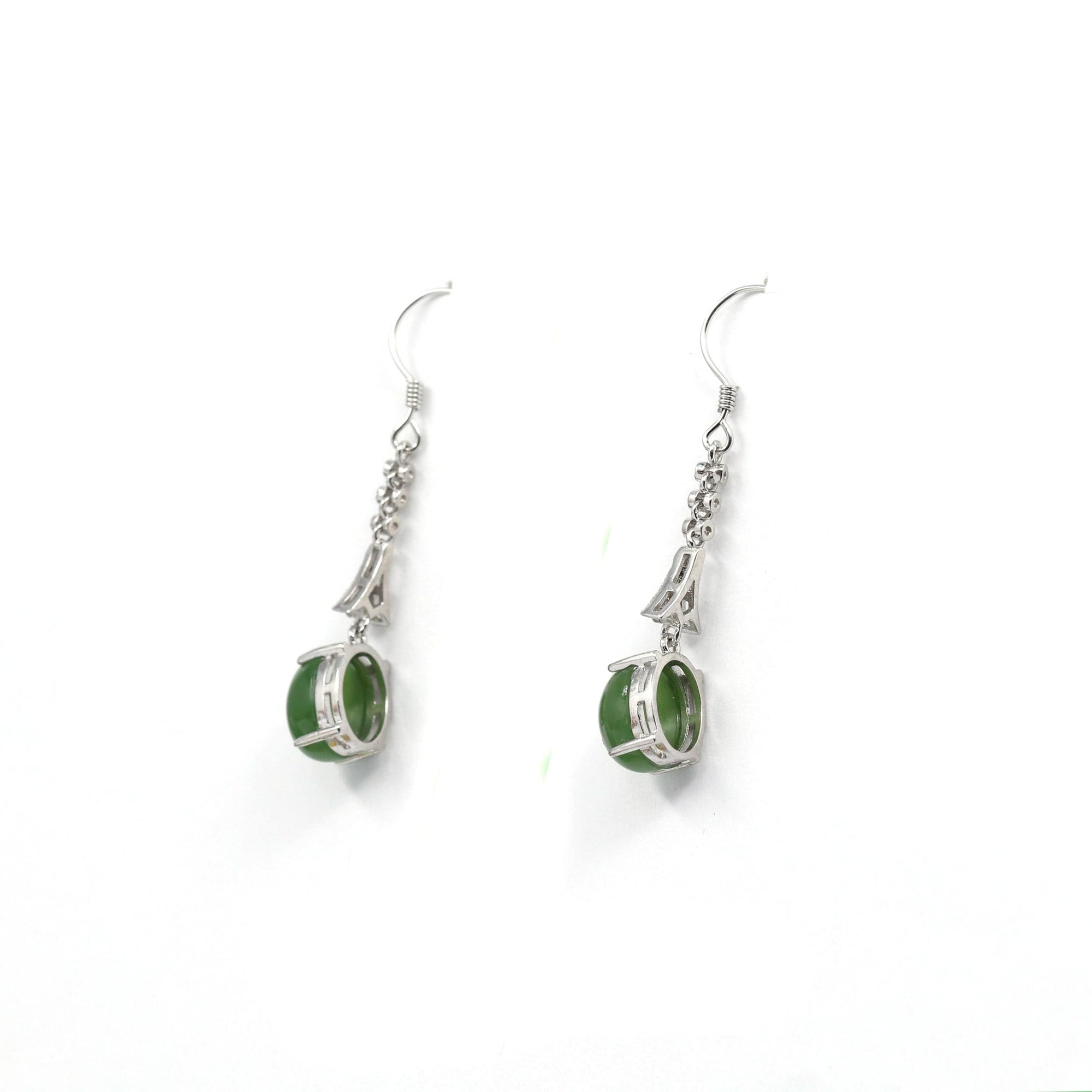 Baikalla Jewelry Silver Gemstone Earrings Sterling Silver Genuine Nephrite Green Jade Diamond Dangle Earrings