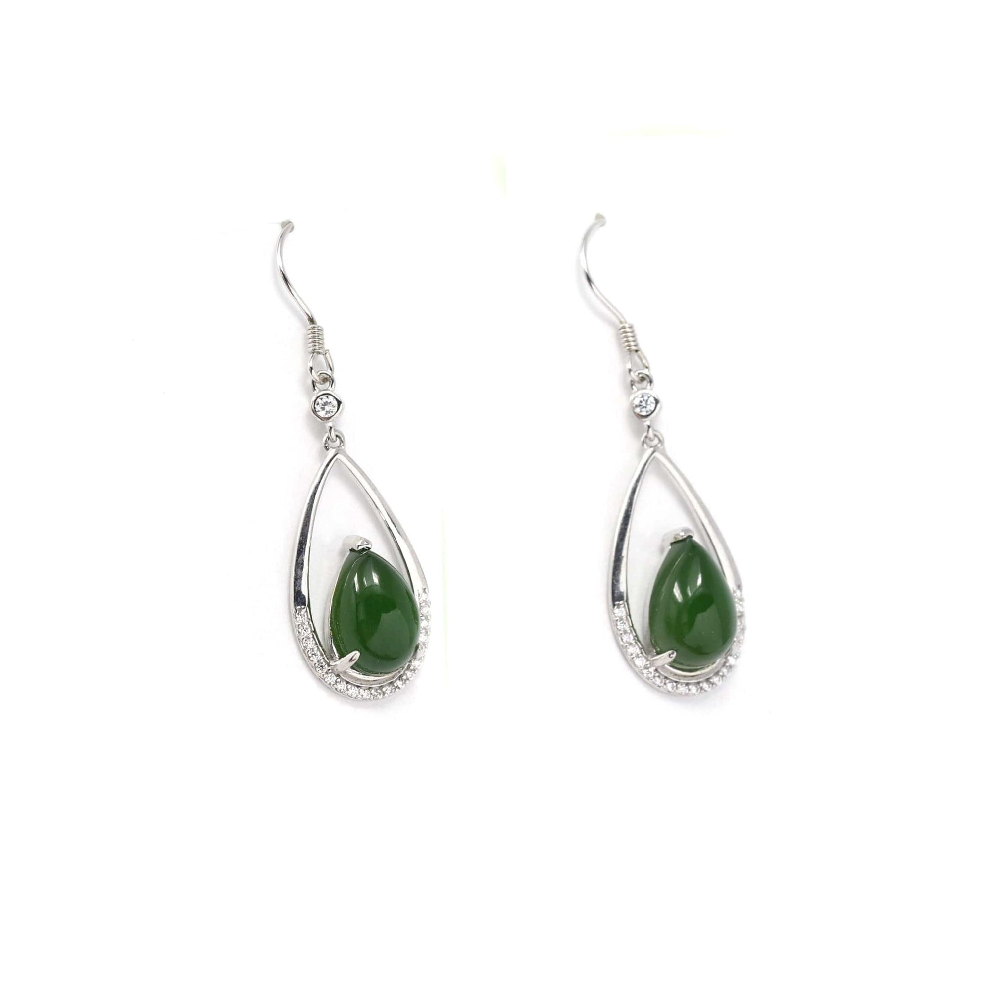 Baikalla Jewelry Silver Gemstone Earrings Sterling Silver Genuine Nephrite Green Jade Teardrop Dangle Earrings