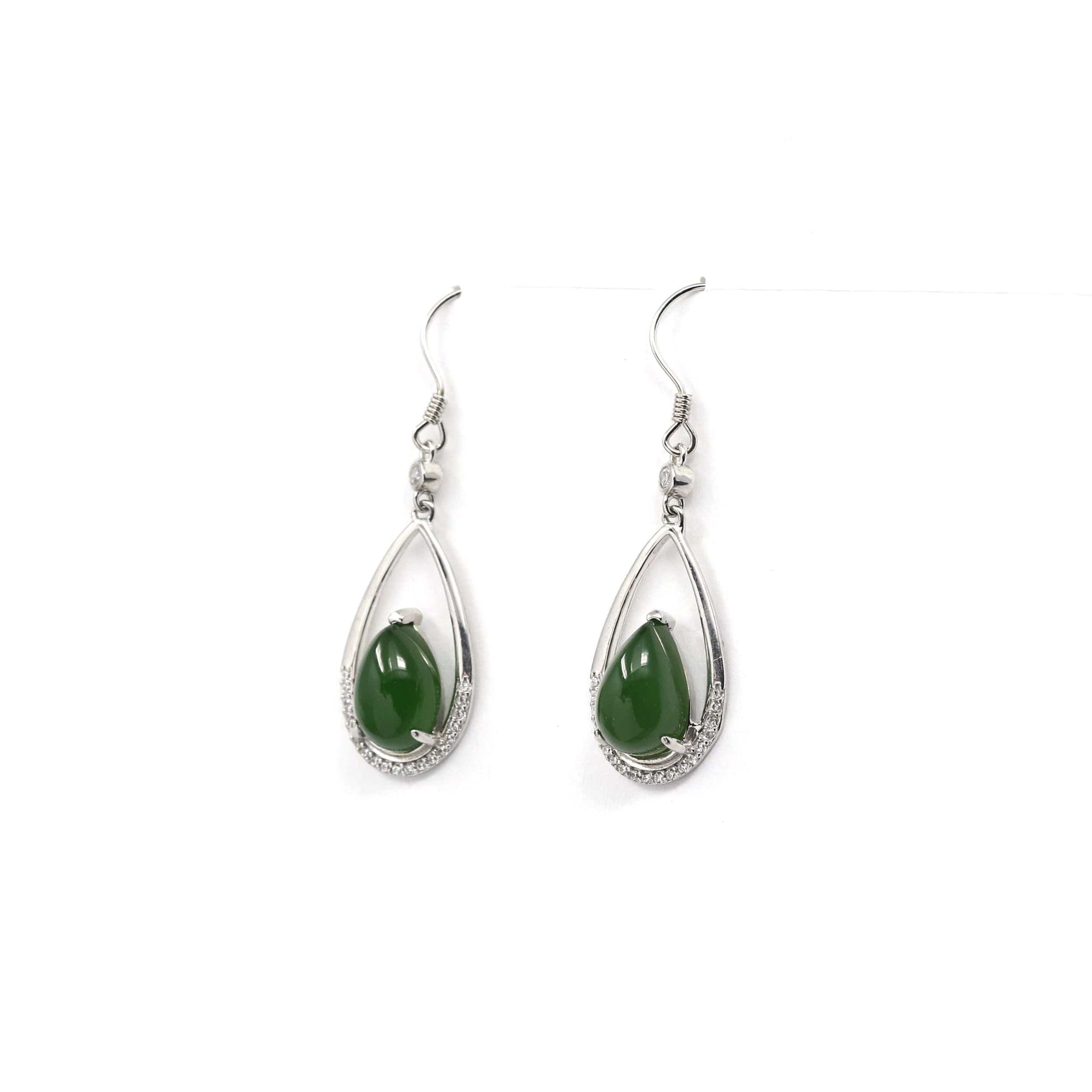 Baikalla Jewelry Silver Gemstone Earrings Sterling Silver Genuine Nephrite Green Jade Teardrop Dangle Earrings